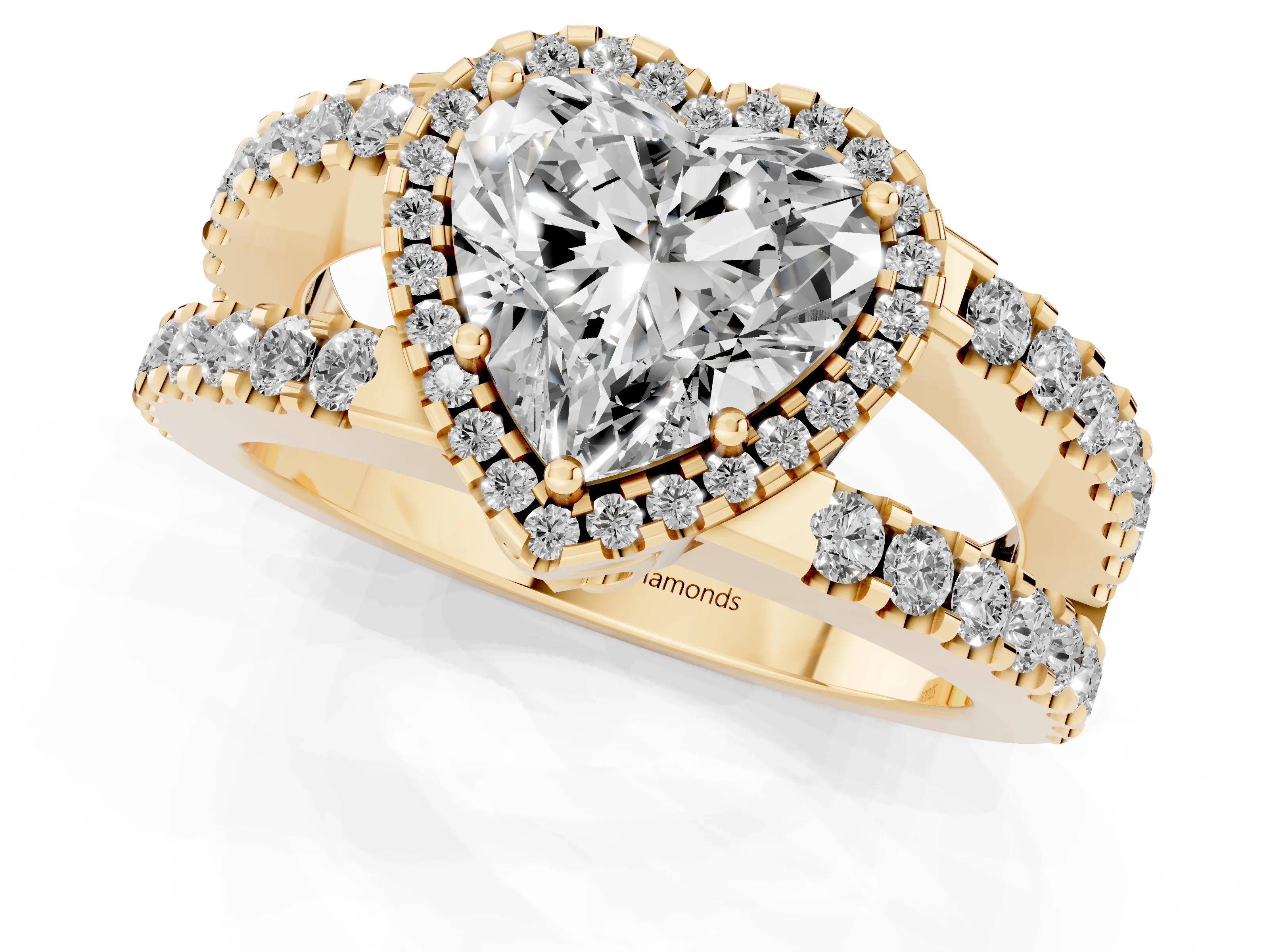 Heart Cut Diamond Halo Ring Set in Yellow gold with Pavé Split Shank and Prong Setting