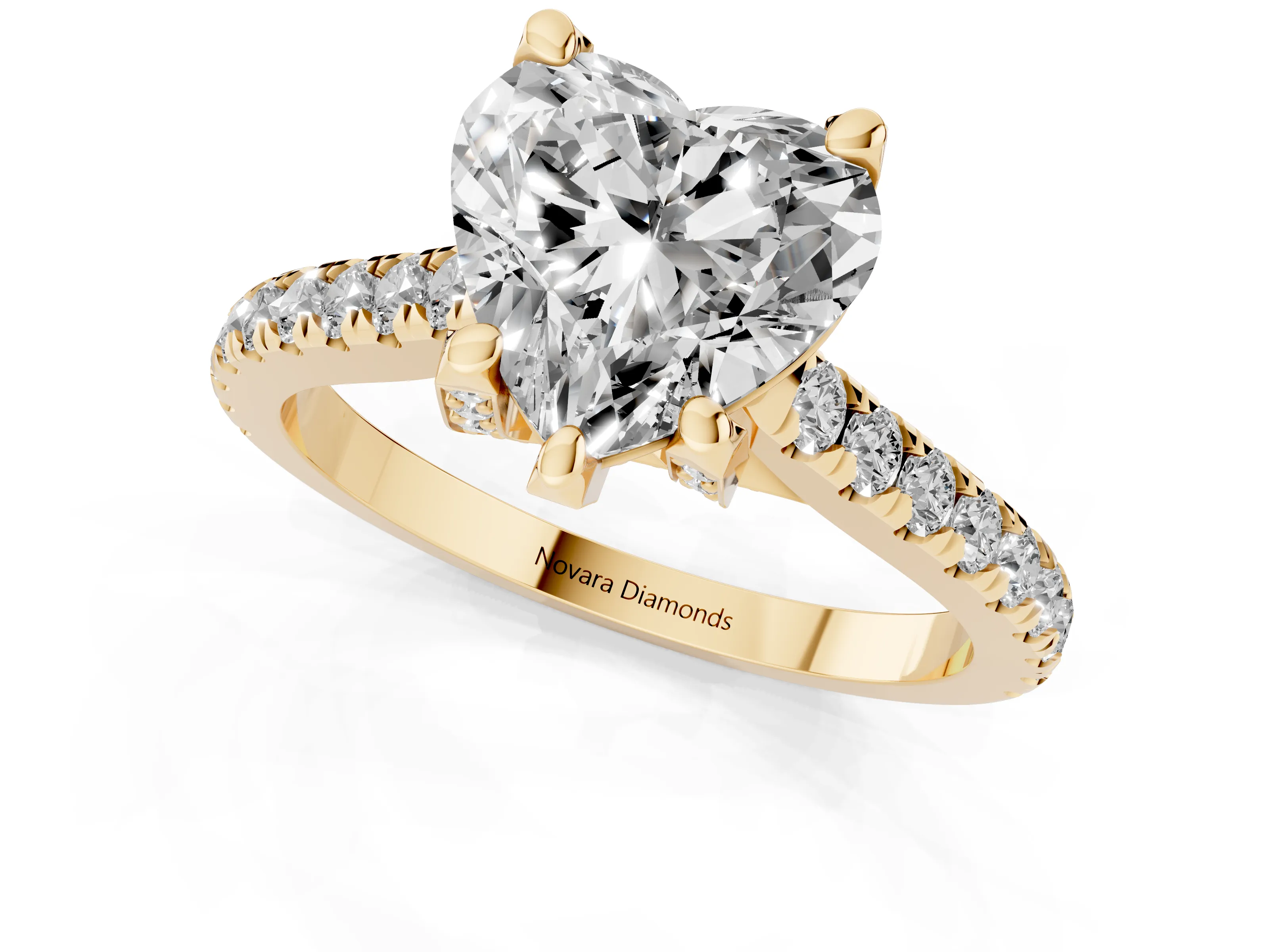 Heart Cut Diamond Solitaire Ring Set in Yellow gold with Brilliant Pavé Band and Prong Setting