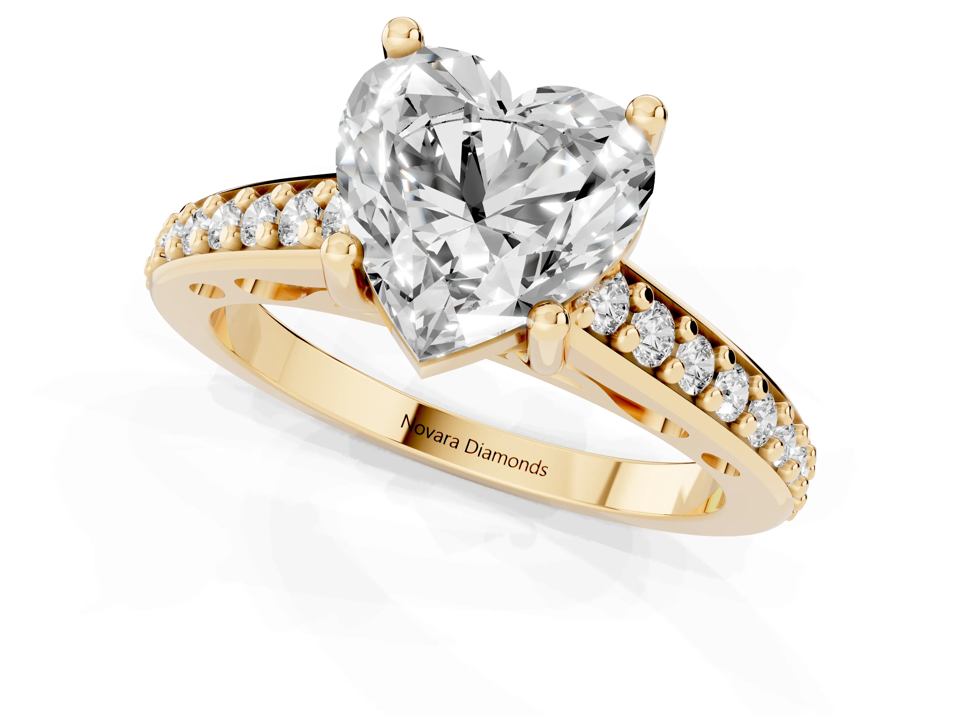 Heart Cut Diamond Prong Set Solitaire Engagement Ring Set in Yellow gold with Pavé Band