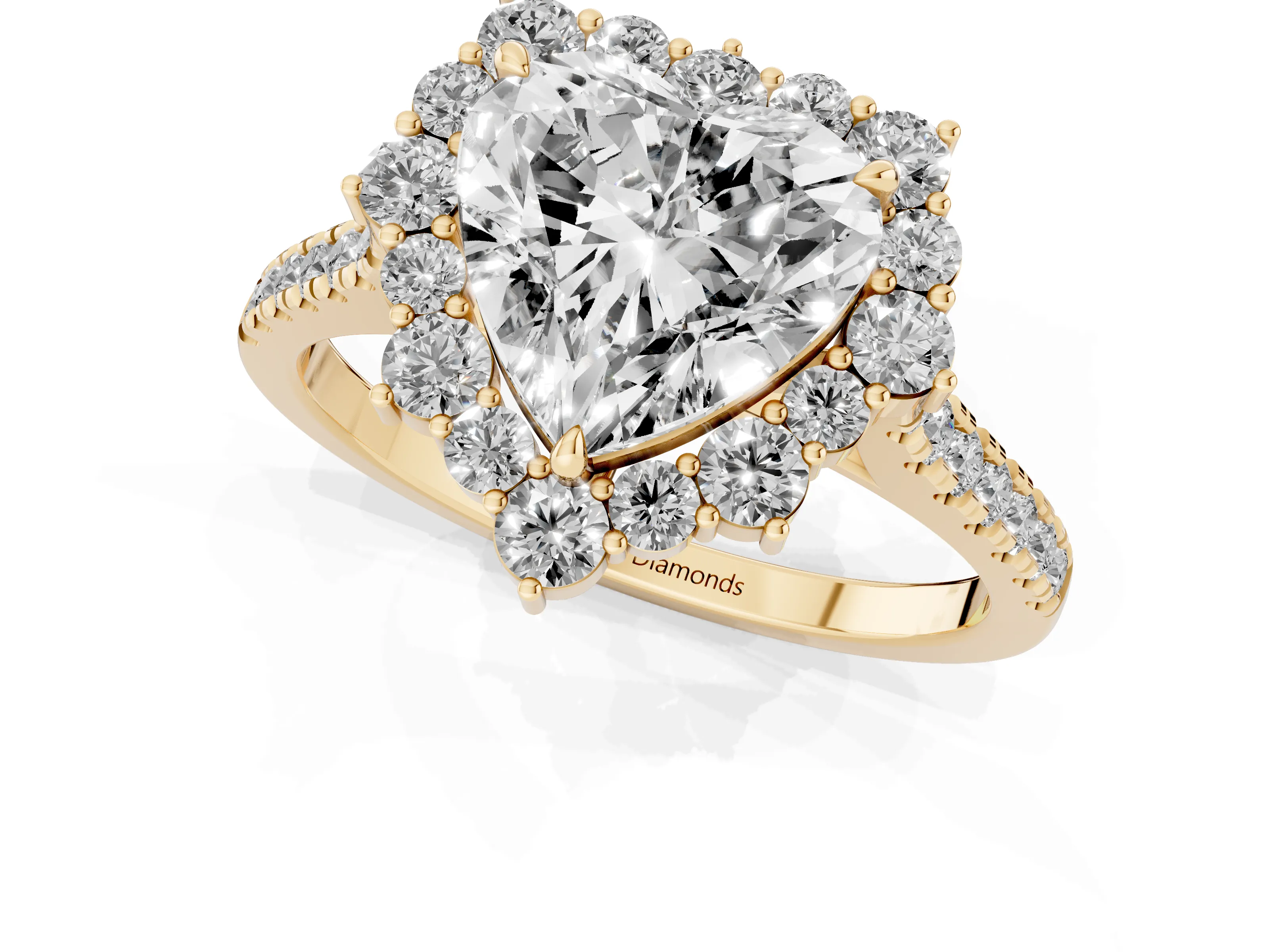 Heart Cut Diamond Halo Ring Set in Yellow gold with Pavé Band and Prong Setting