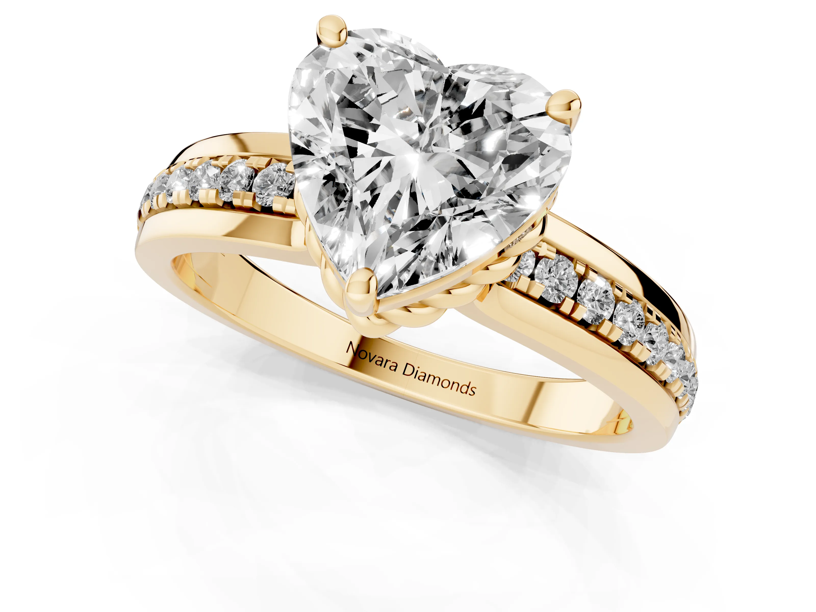 Heart Cut Diamond Solitaire Ring Set in Yellow gold with Channel Set Band and Prong Setting