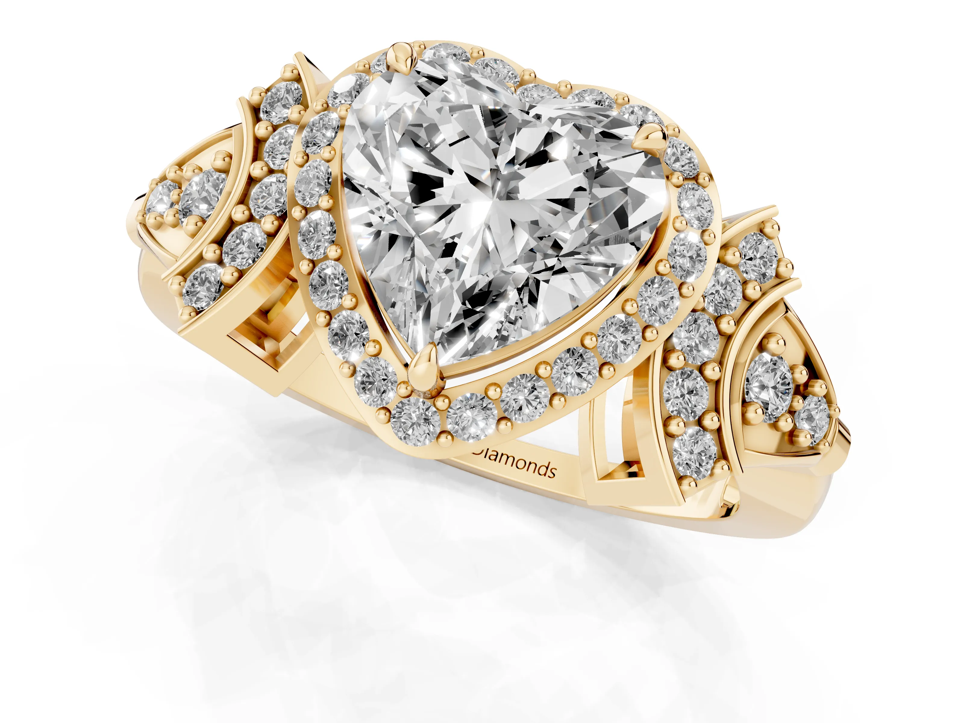 Heart Cut Diamond Halo Engagement Ring Set in Yellow gold with Accent Stone Split Shank