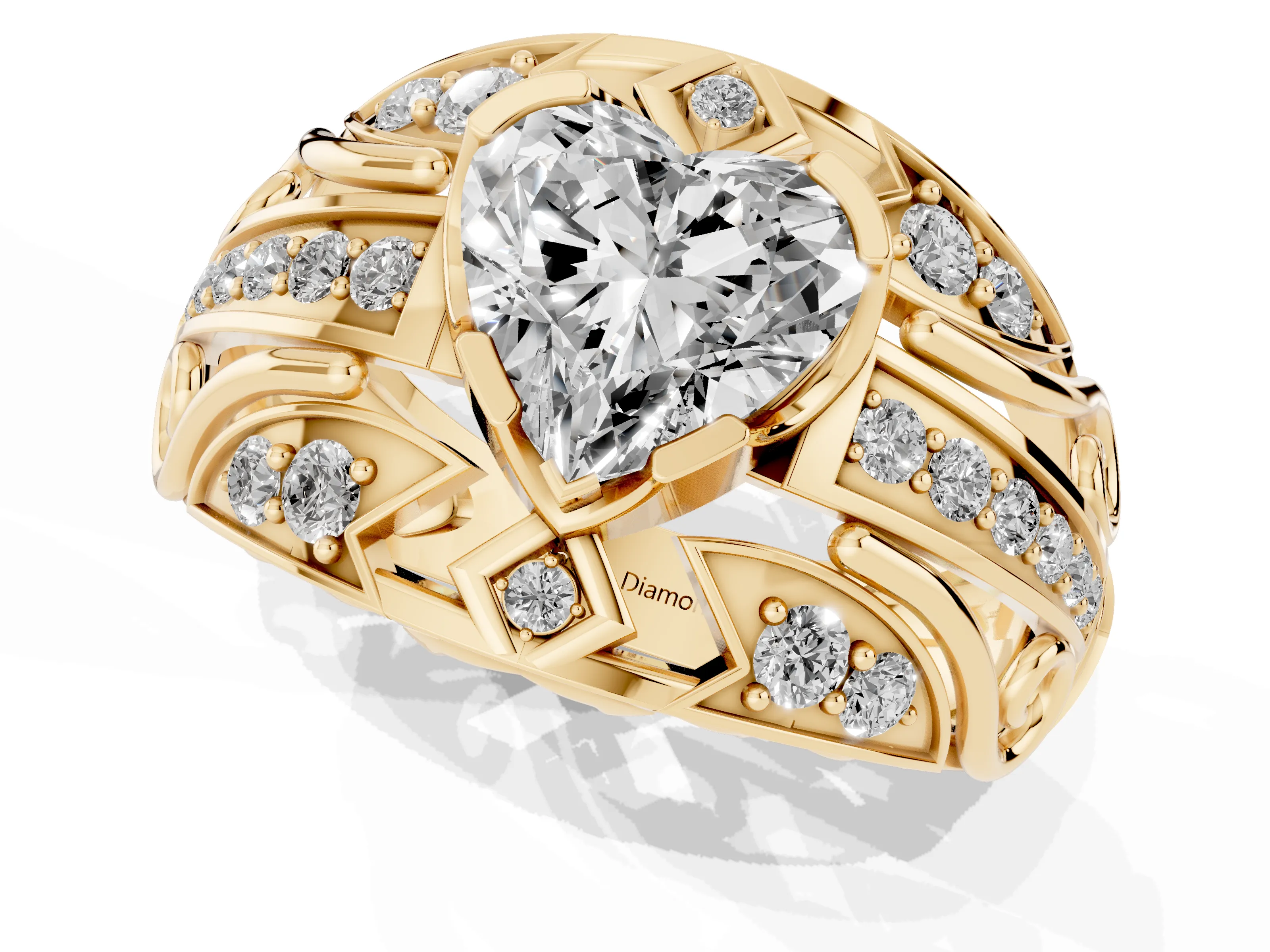 Heart Cut Diamond Art Deco Ring Set in Yellow gold with Pavé Split Shank