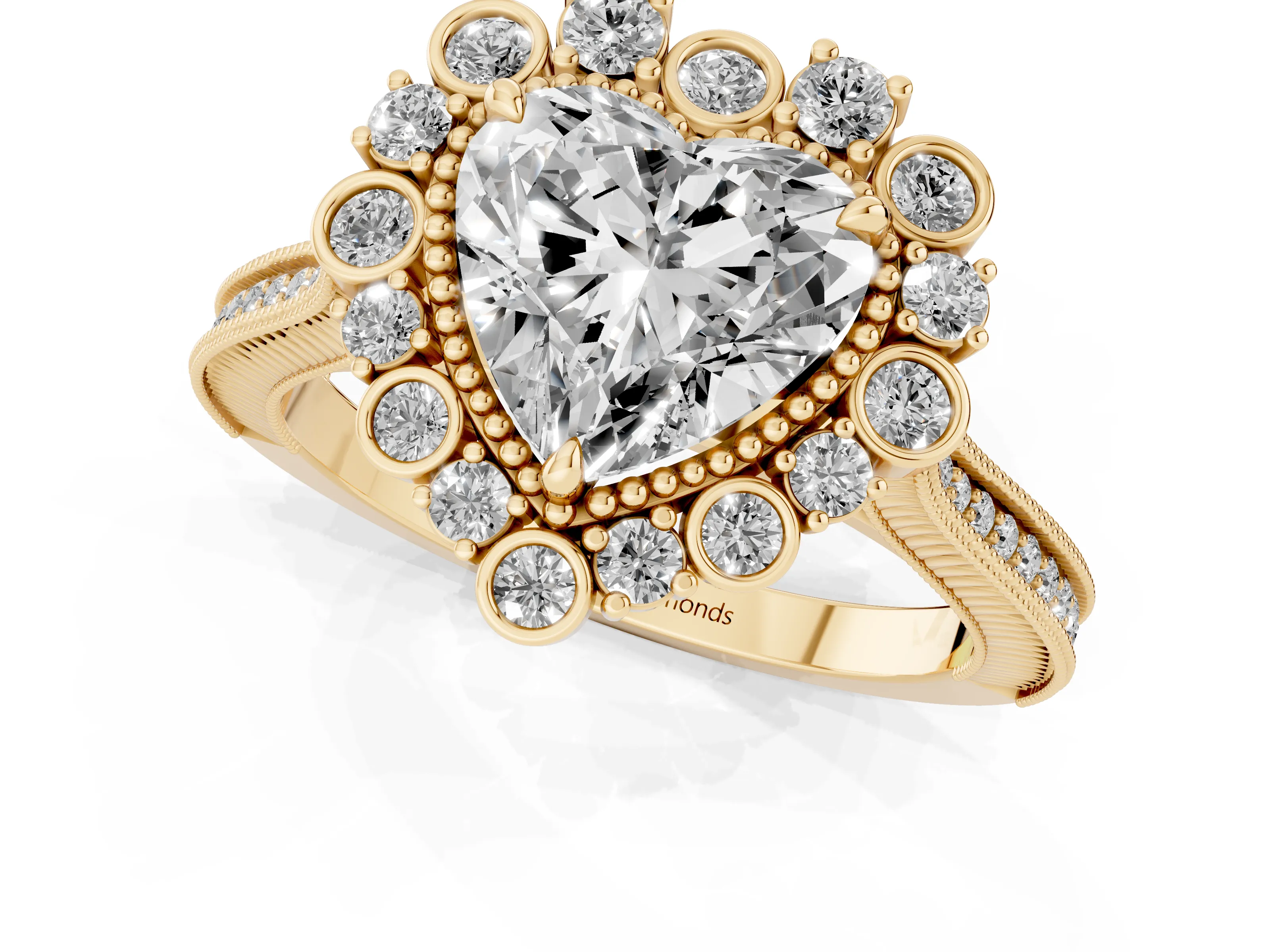 Heart Cut Diamond Halo Milgrain Pavé Ring Set in Yellow gold with Prong Setting