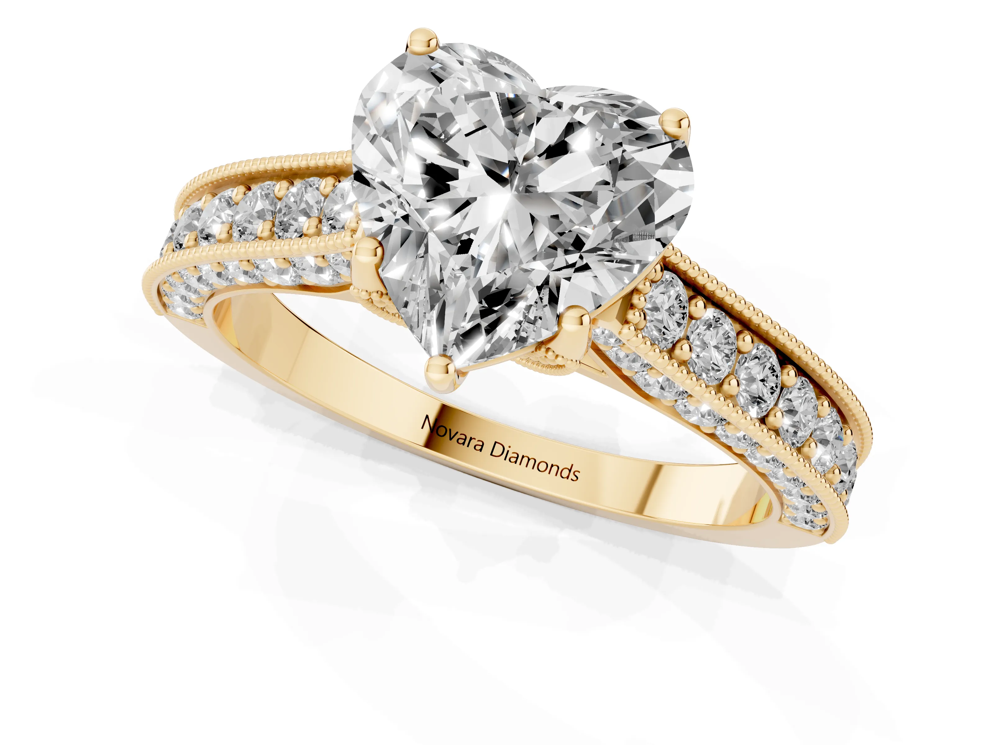 Heart Cut Diamond Solitaire Ring Set in Yellow gold with Milgrain-Edged Pavé Band and Prong Setting