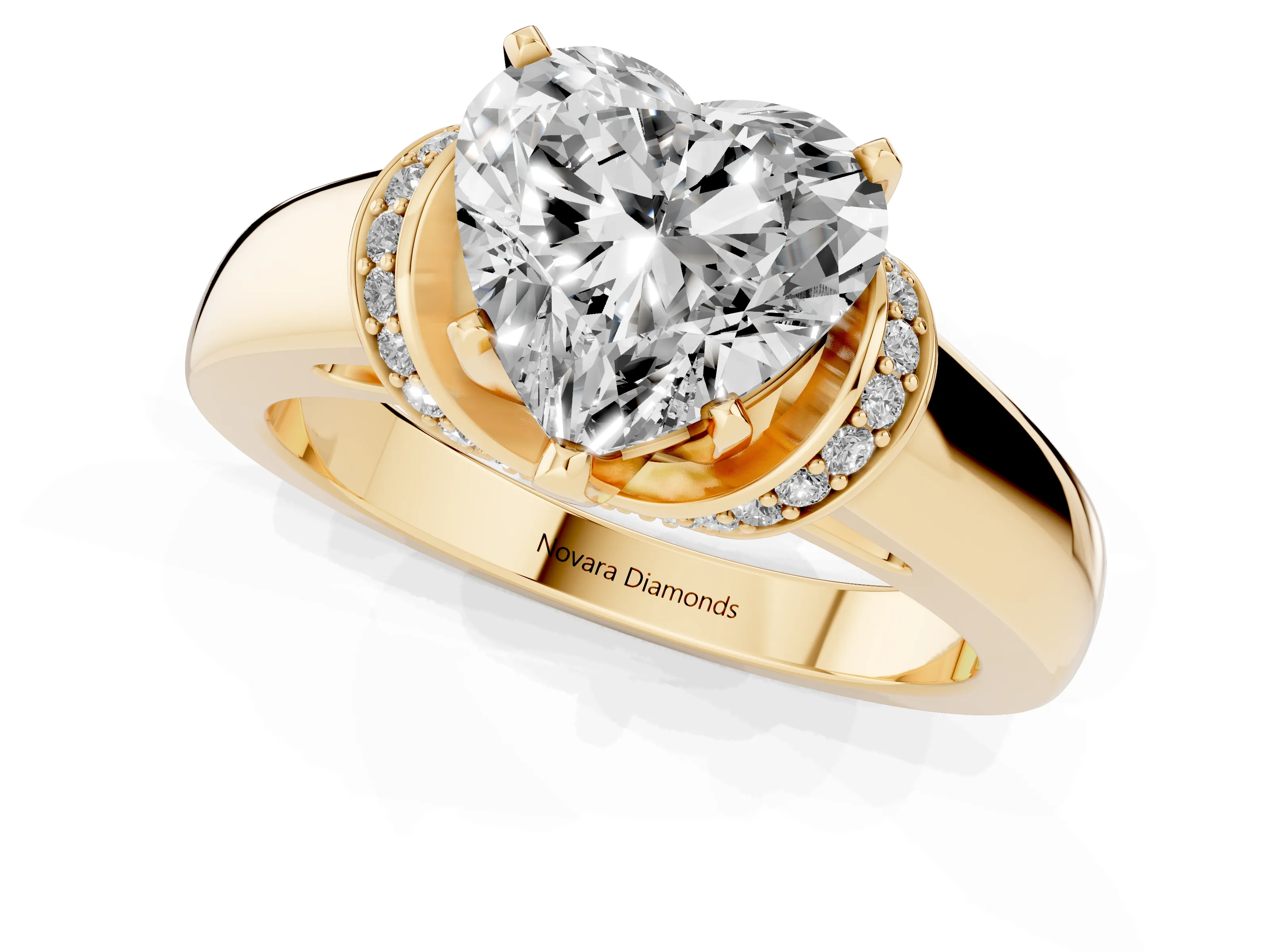 Heart Cut Diamond Pavé Band Solitaire Ring Set in Yellow gold with Prong Setting