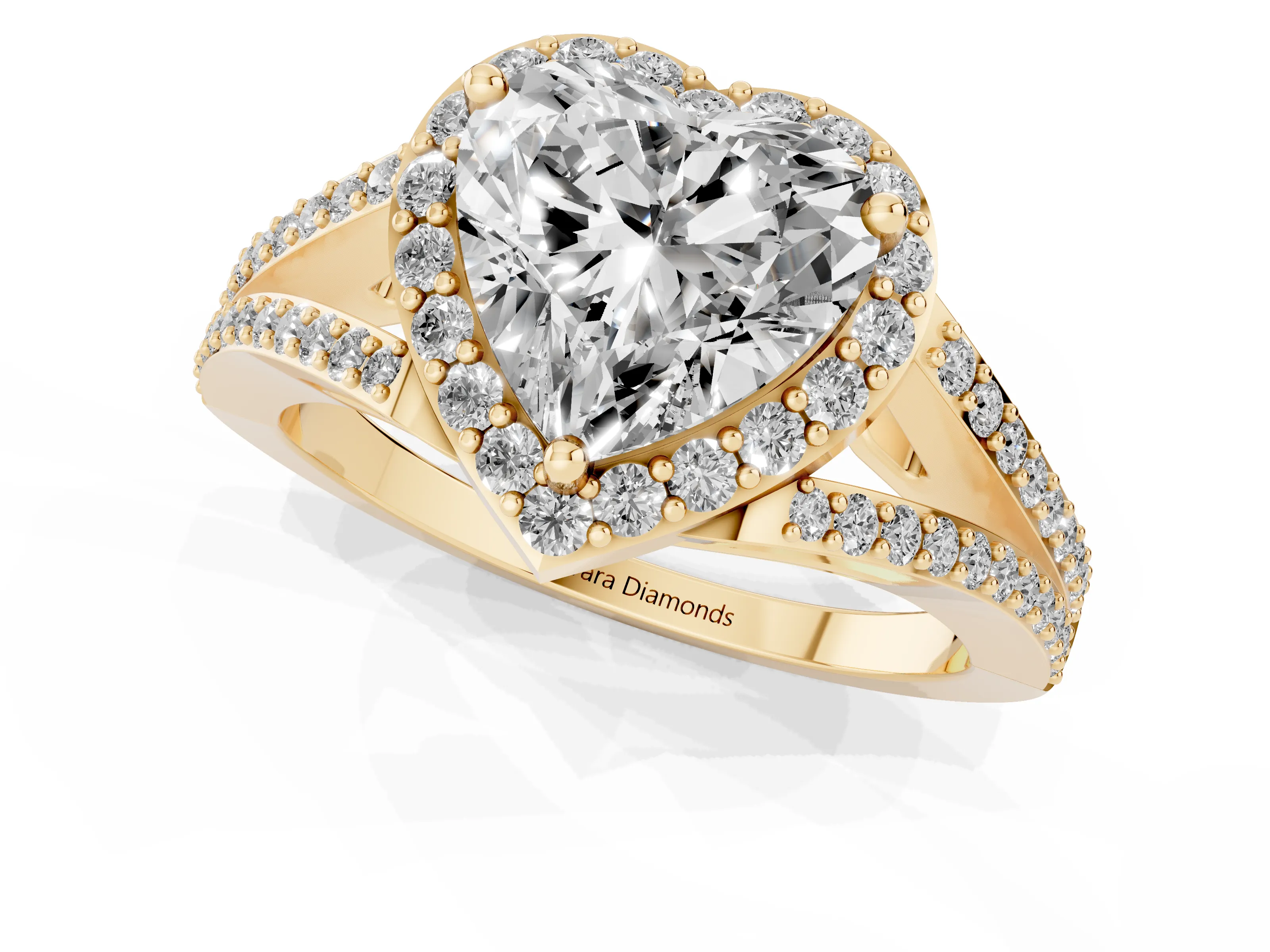 Heart Cut Diamond Halo Split Shank Pavé Ring Set in Yellow gold with Prong Setting