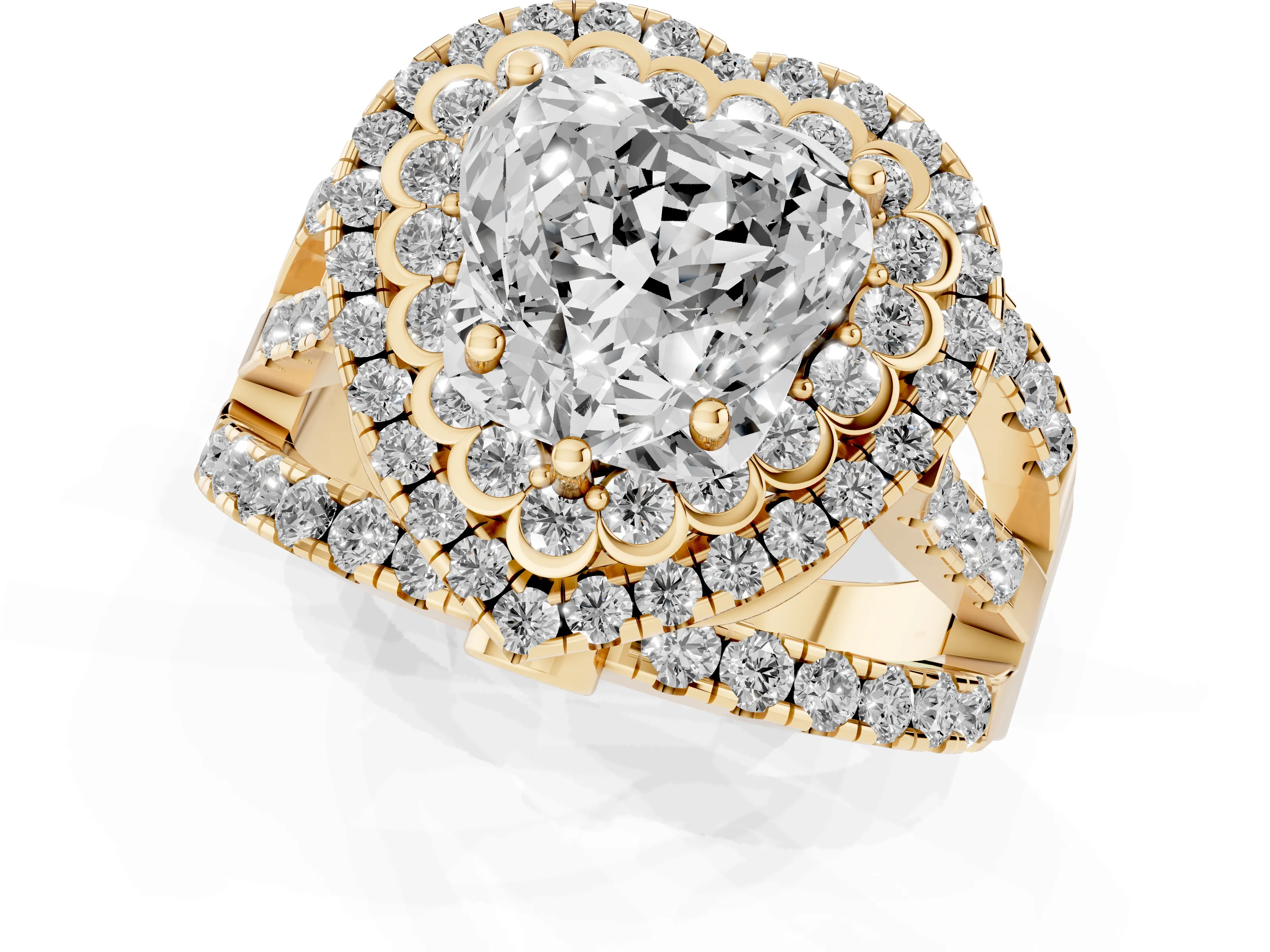 Heart Cut Diamond Double Halo Ring Set in Yellow gold with Round Pavé Split Shank
