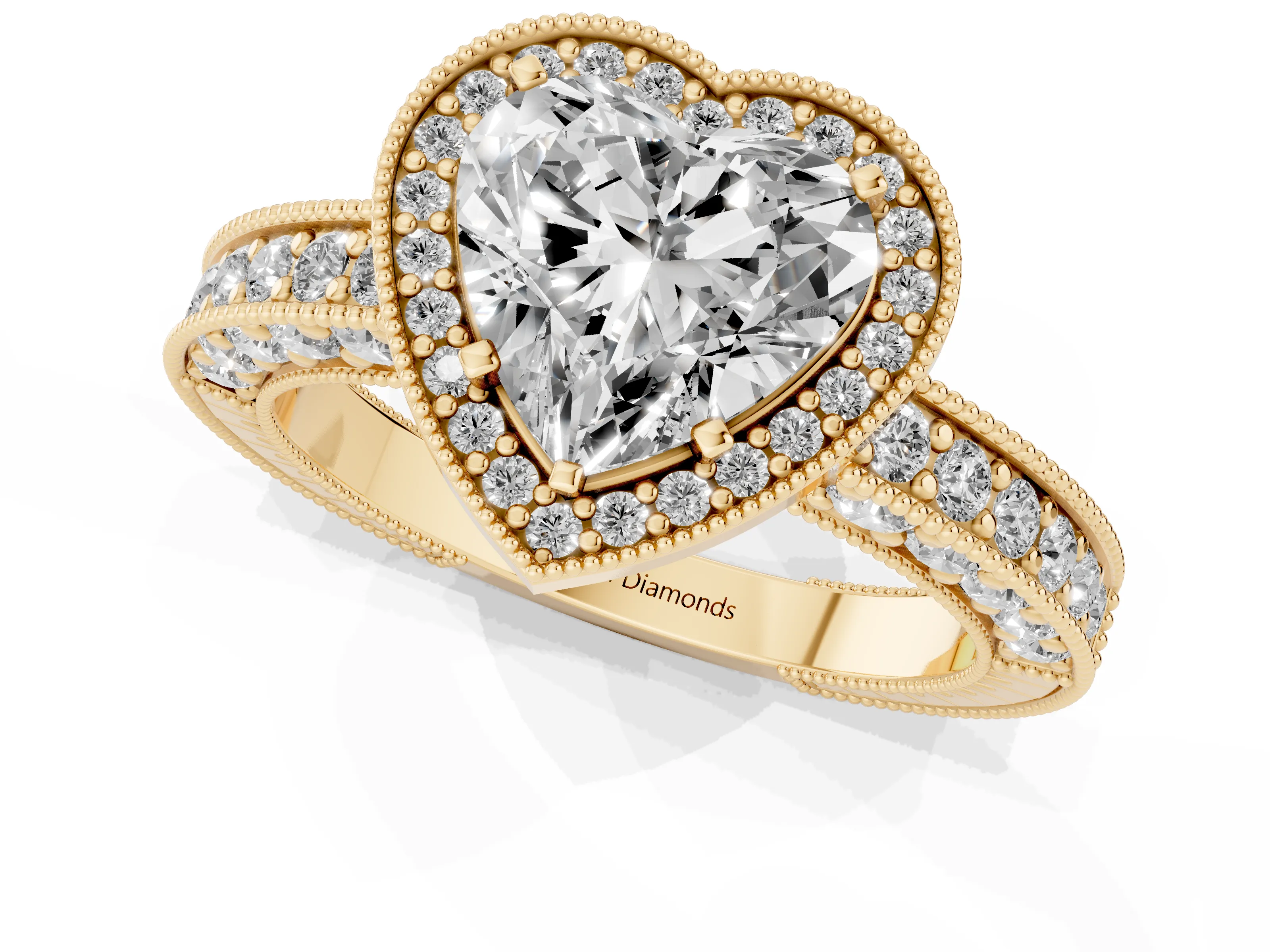 Heart Cut Diamond Halo Pavé Band Ring Set in Yellow gold with Prong-Set Center