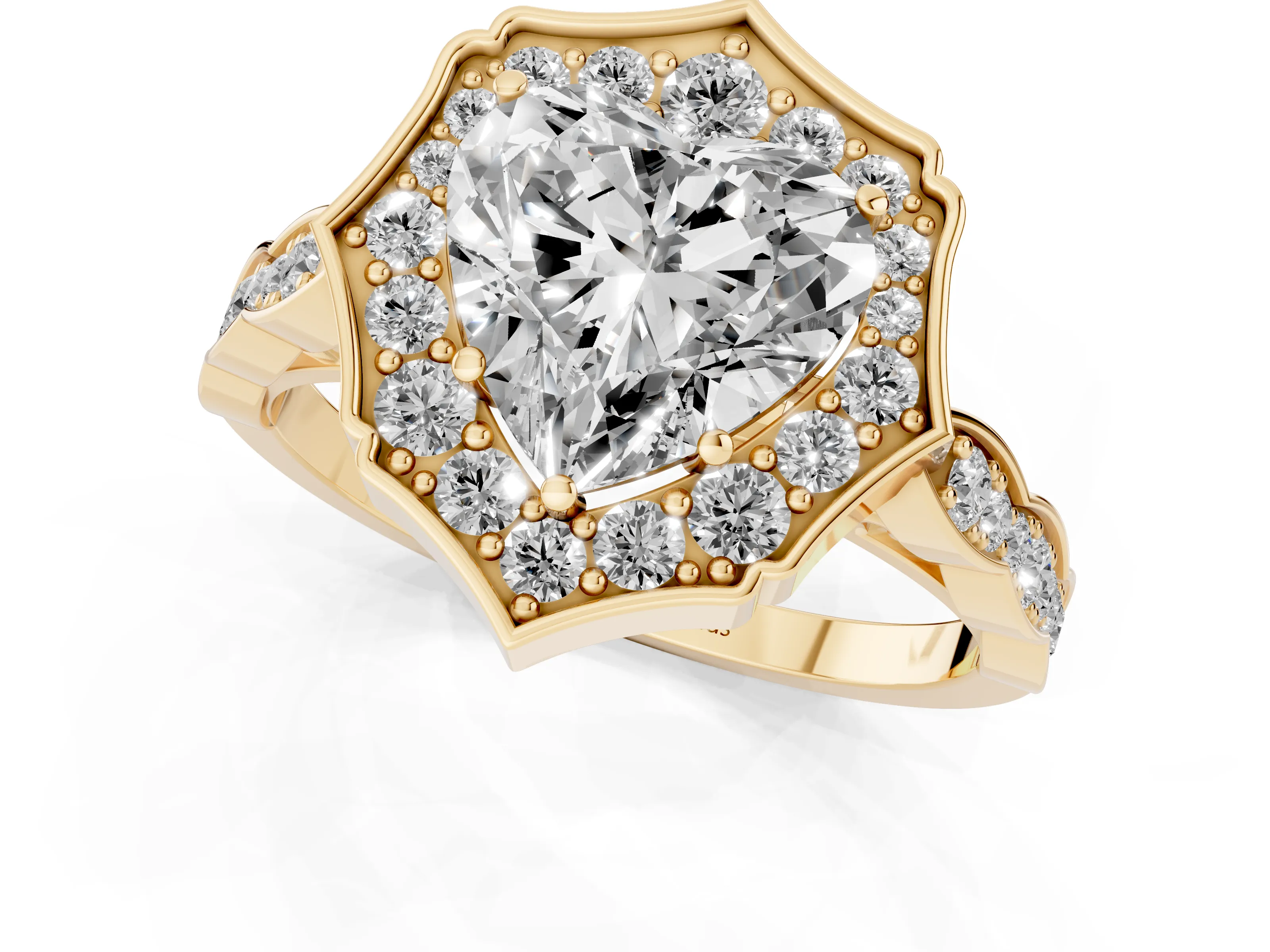 Heart Cut Diamond Halo Engagement Ring Set in Yellow gold with Milgrain Band and Prong Setting