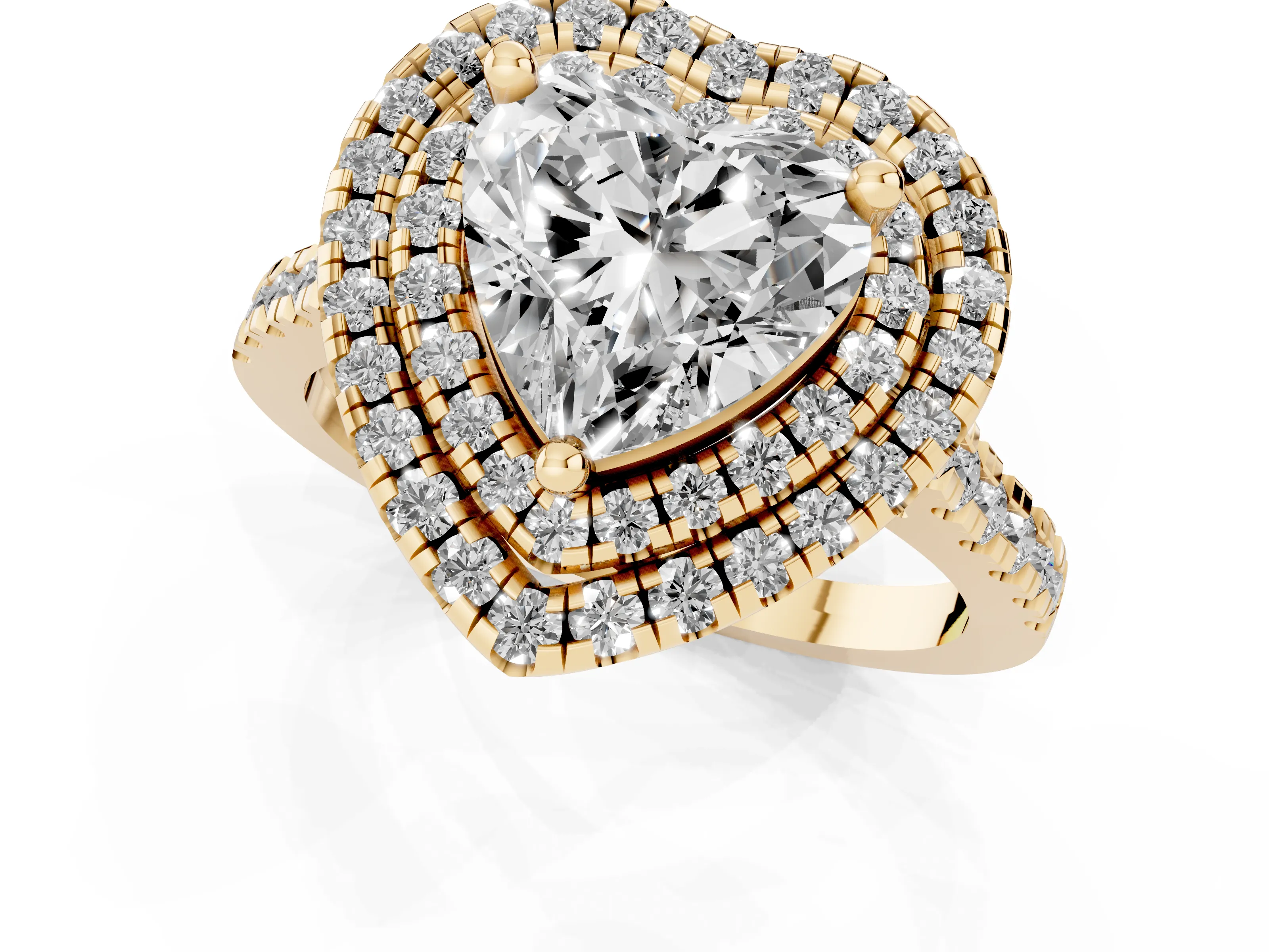 Heart Cut Diamond Double Halo Statement Ring Set in Yellow gold with Pavé Band