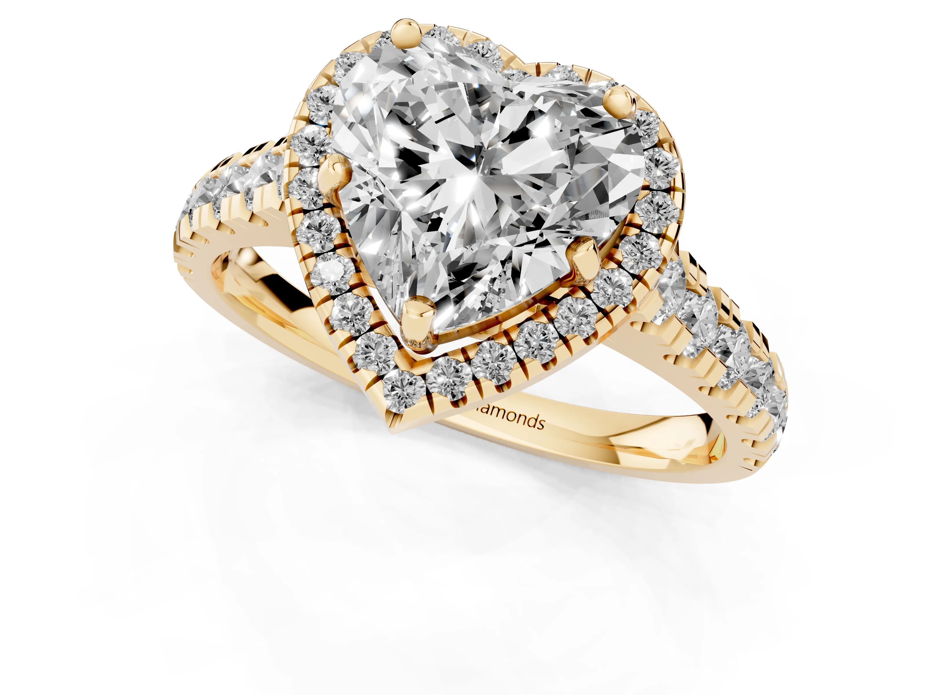 Heart Cut Diamond Halo Engagement Ring Set in Yellow gold with Pavé Band and Prong-Set Center