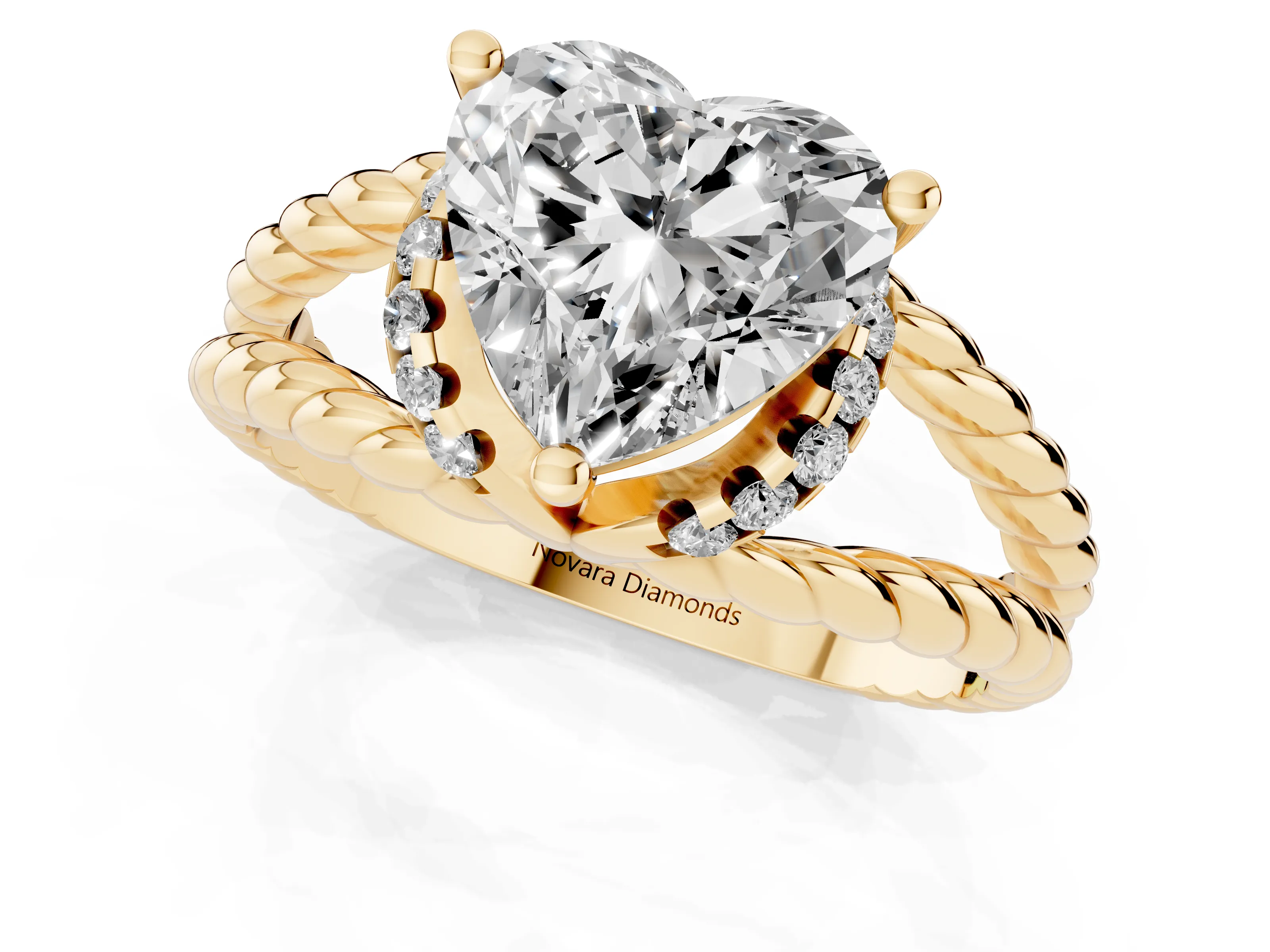 Heart Cut Diamond Halo Ring Set in Yellow gold with Twisted Band and Prong Setting