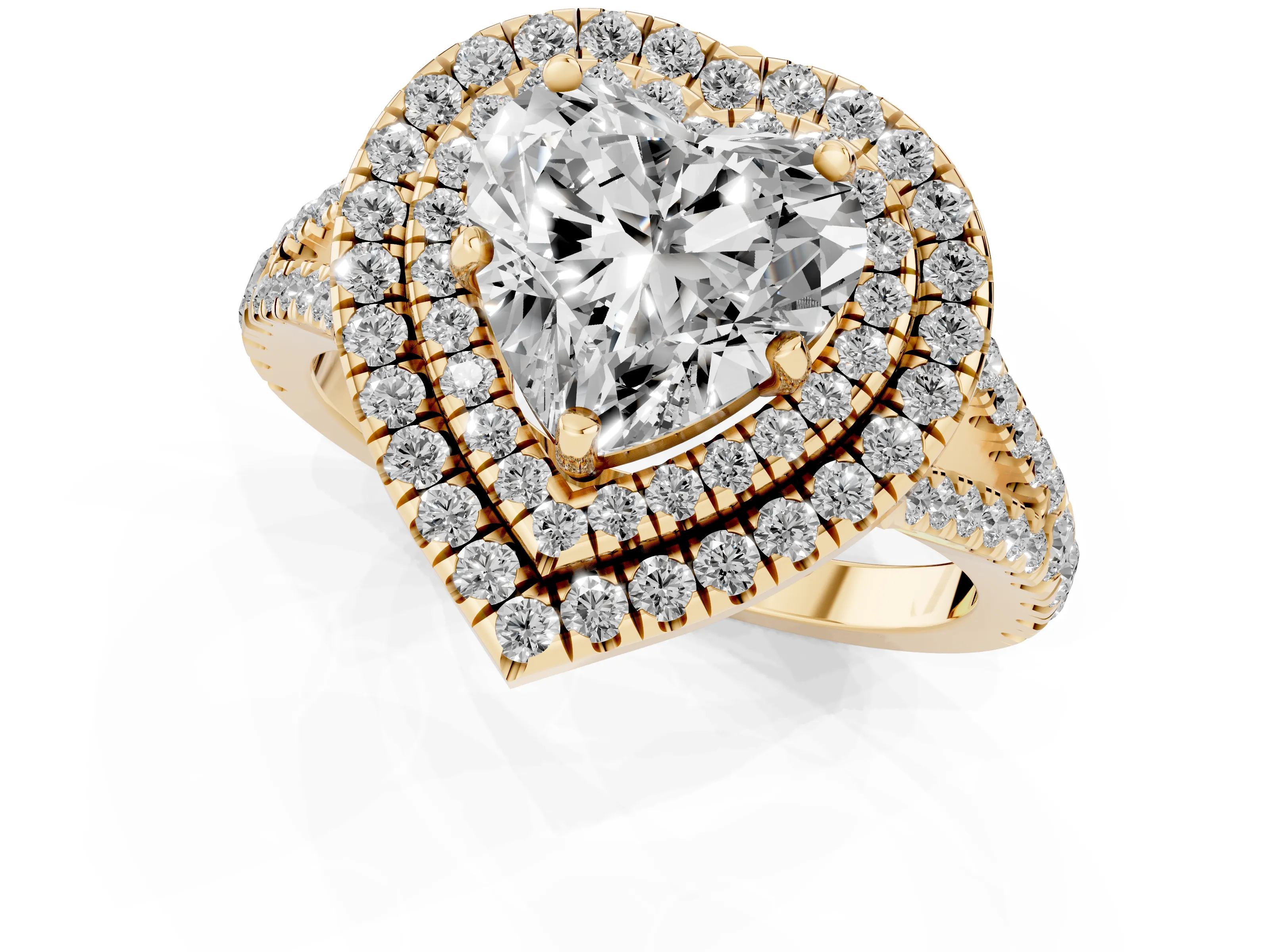 Heart Cut Diamond Double Halo Ring Set in Yellow gold with Pavé Band
