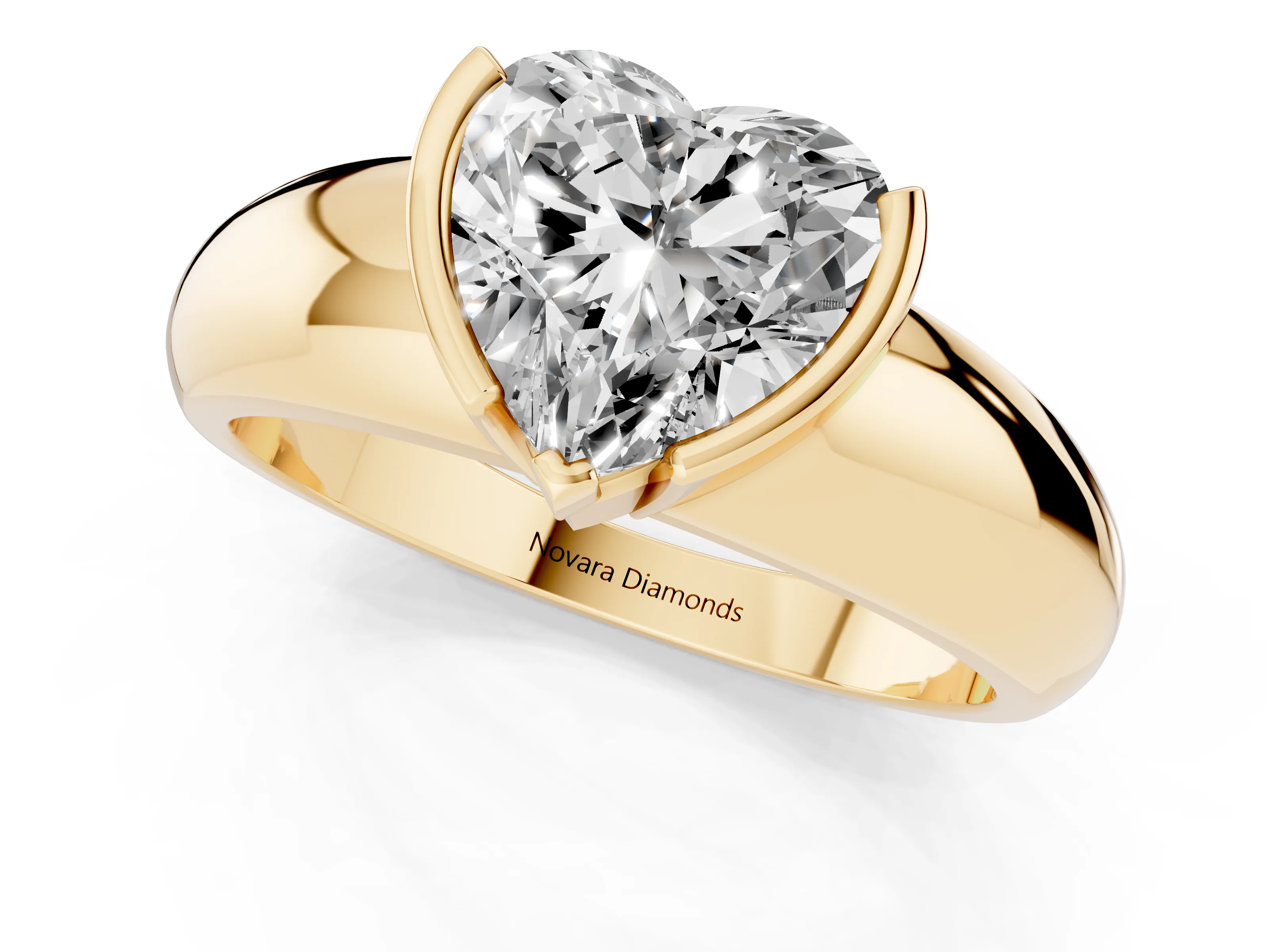 Heart Cut Diamond Solitaire Tension Set Ring Set in Yellow gold with Wide Band