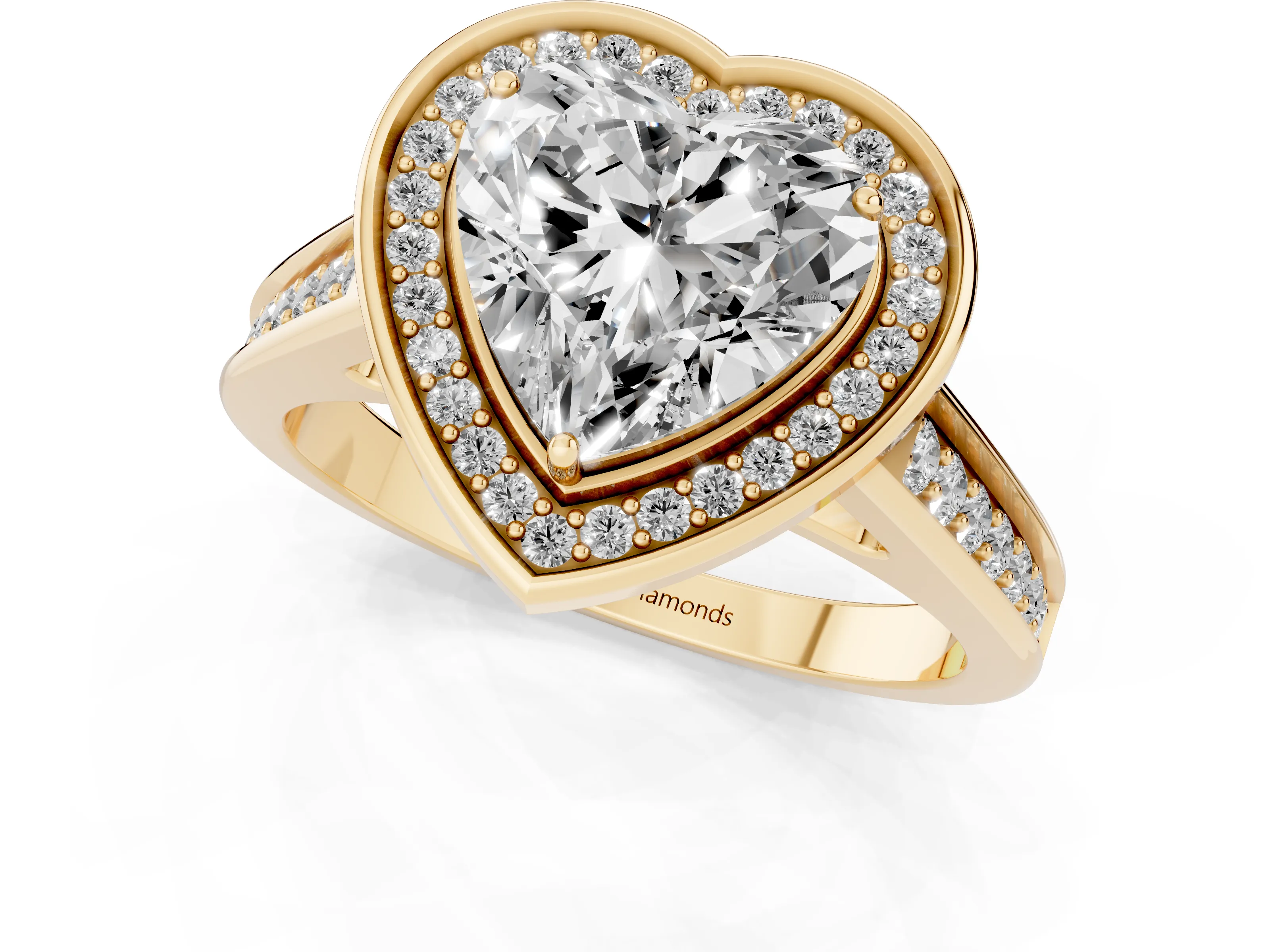 Heart Cut Diamond Halo Solitaire Ring Set in Yellow gold with Pavé Band and Bezel Setting – second view