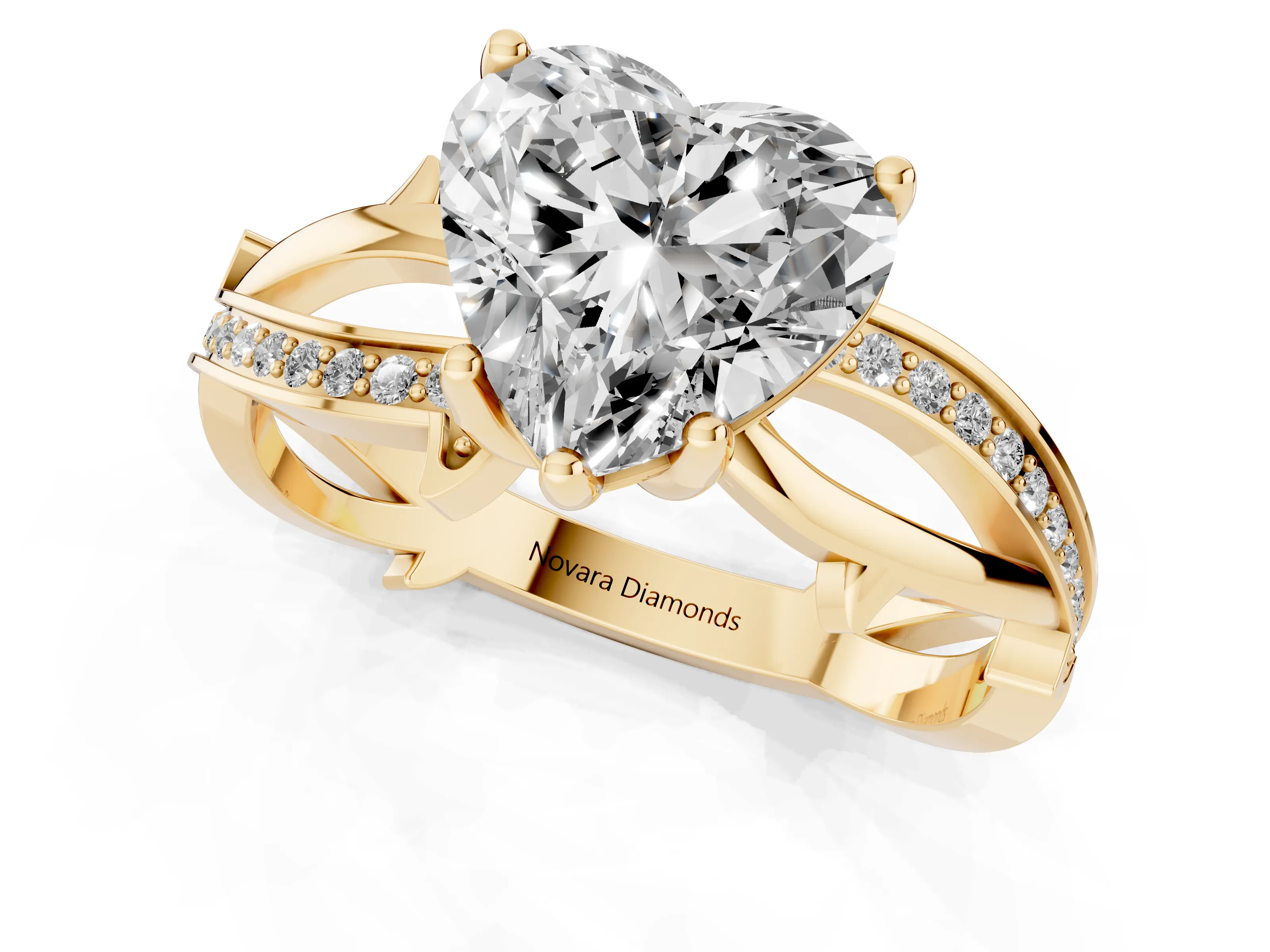 Heart Cut Diamond Pavé Twist Band Solitaire Ring Set in Yellow gold with Prong Setting