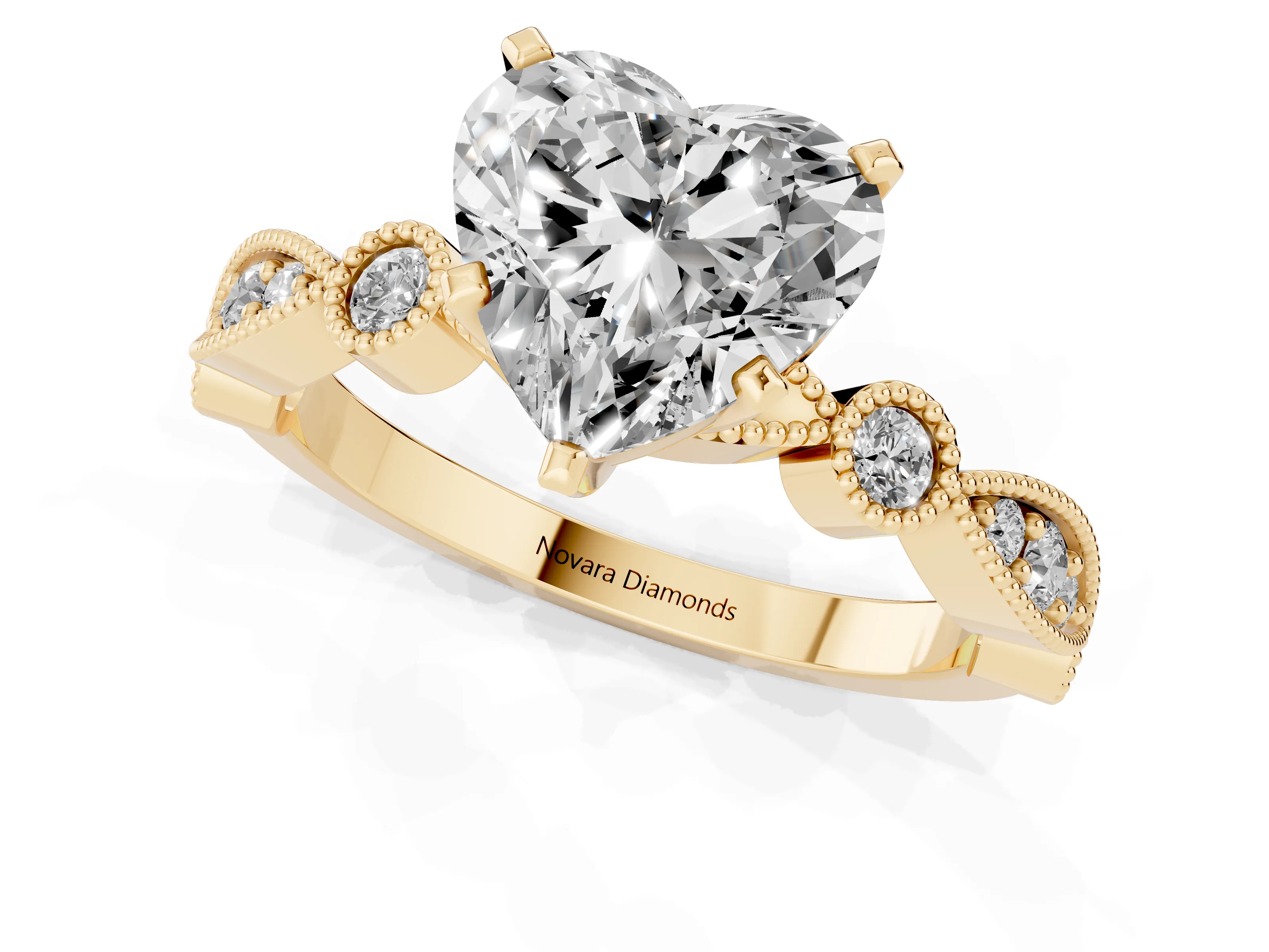 Heart Cut Diamond Solitaire Engagement Ring Set in Yellow gold with Milgrain Bezel Accent Band