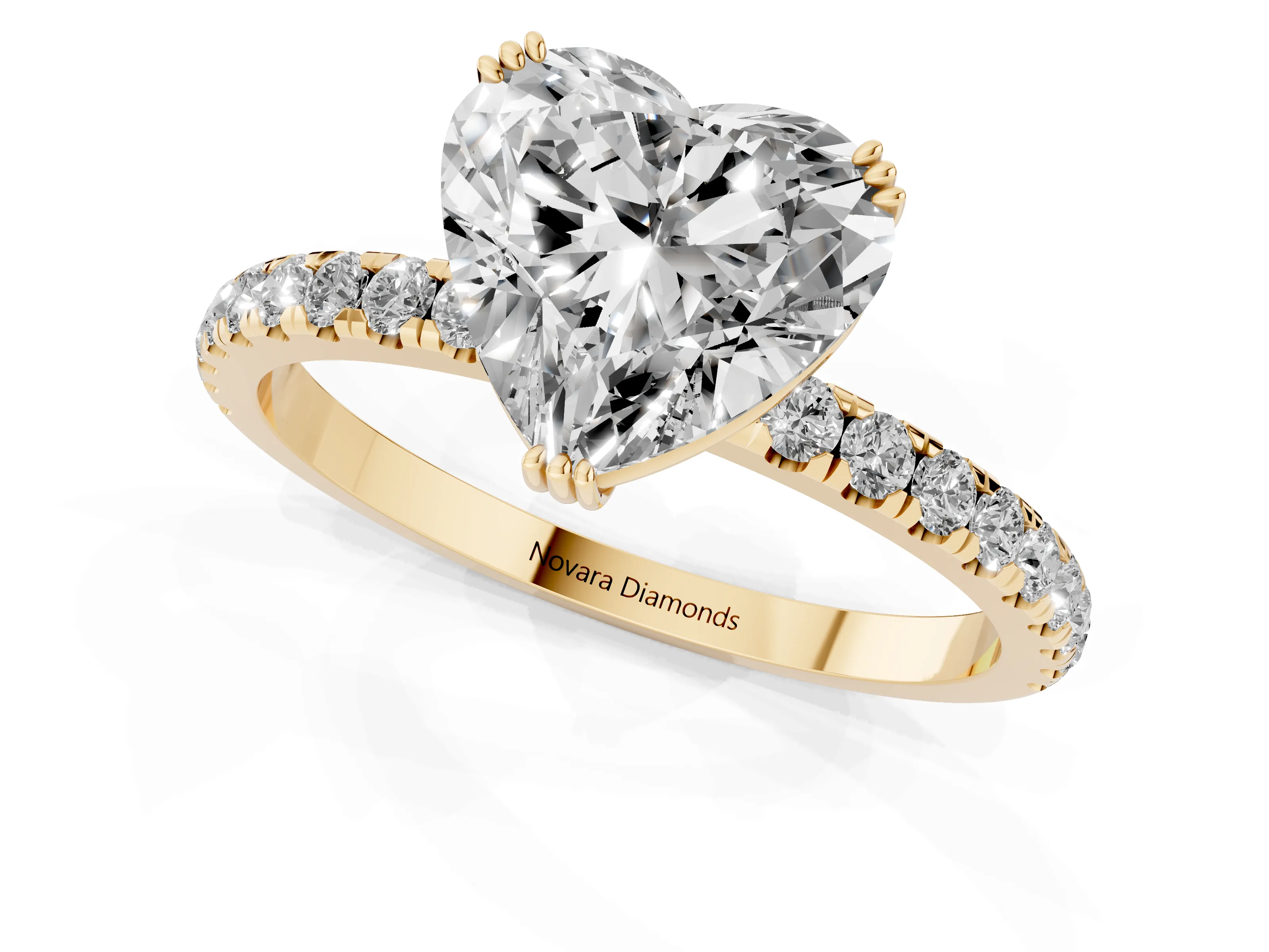 Heart Cut Diamond Brilliant Solitaire Set in Yellow gold with Pavé Band and Claw Prong Setting