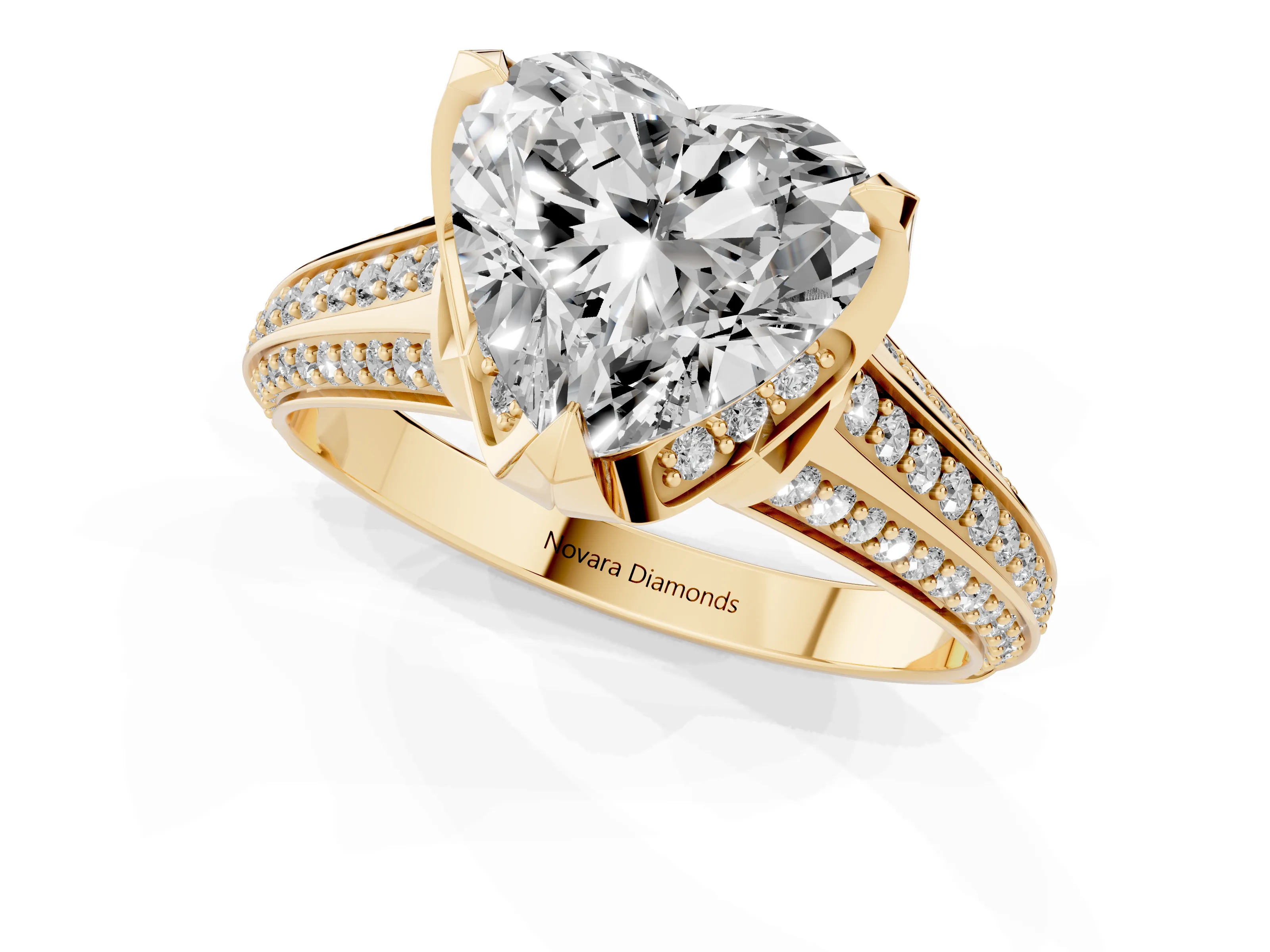 Heart Cut Diamond Pavé Split Shank Solitaire Ring Set in Yellow gold with Prong Setting