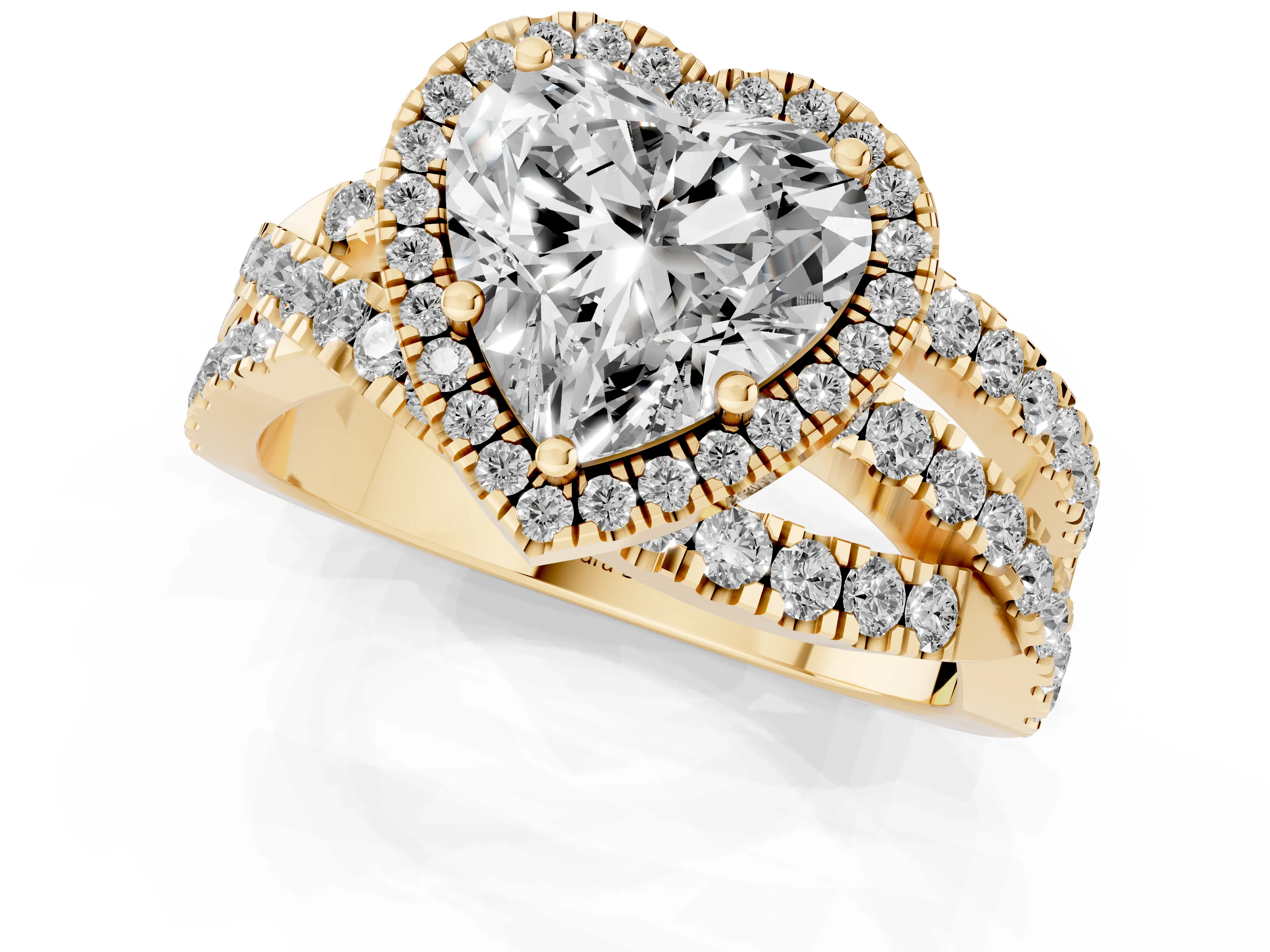 Heart Cut Diamond Halo Ring Set in Yellow gold with Round Crossover Split Shank and Prong Setting