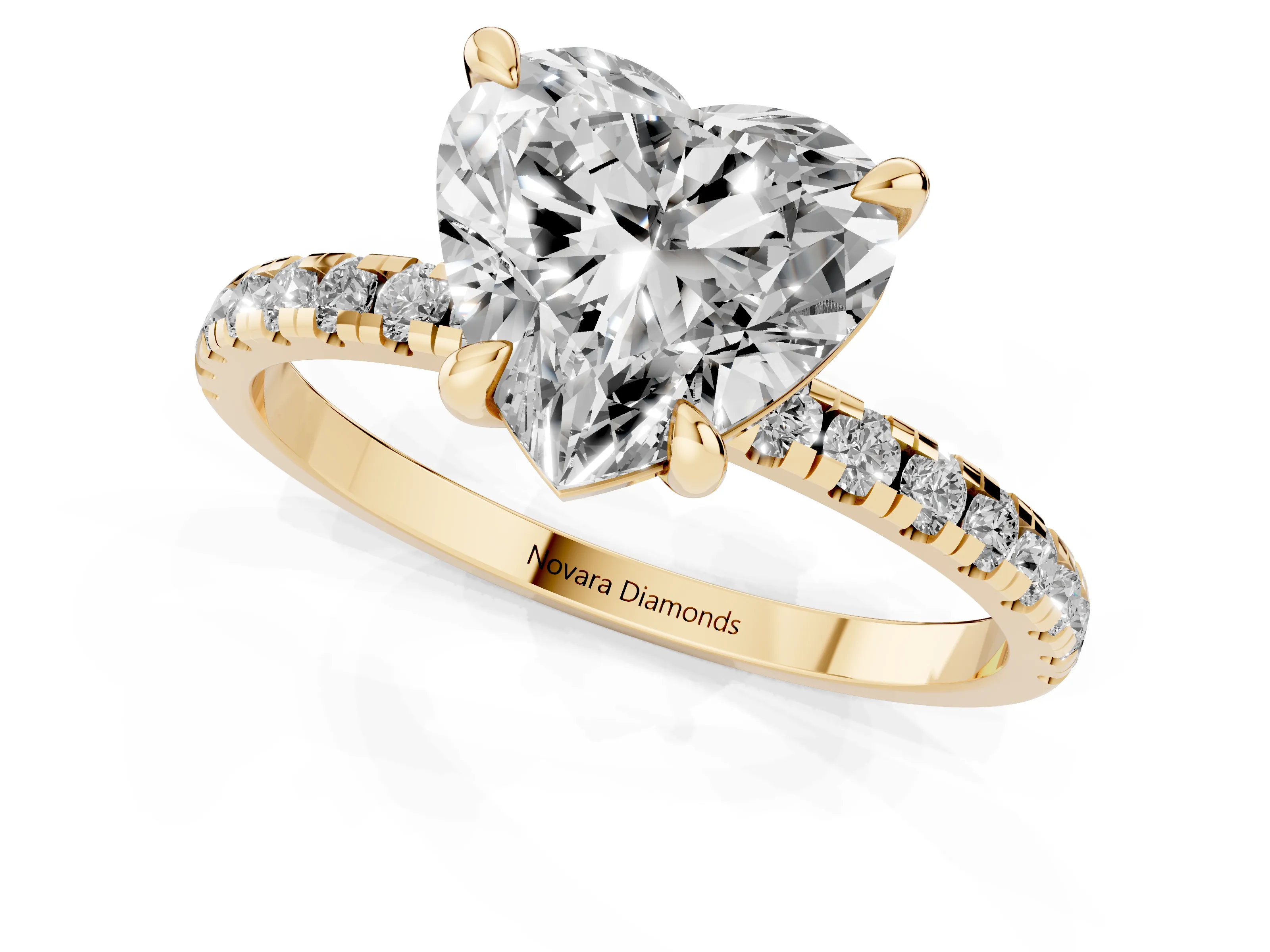 Heart Cut Diamond Brilliant Solitaire Ring Set in Yellow gold with Pavé Band and Prong Setting