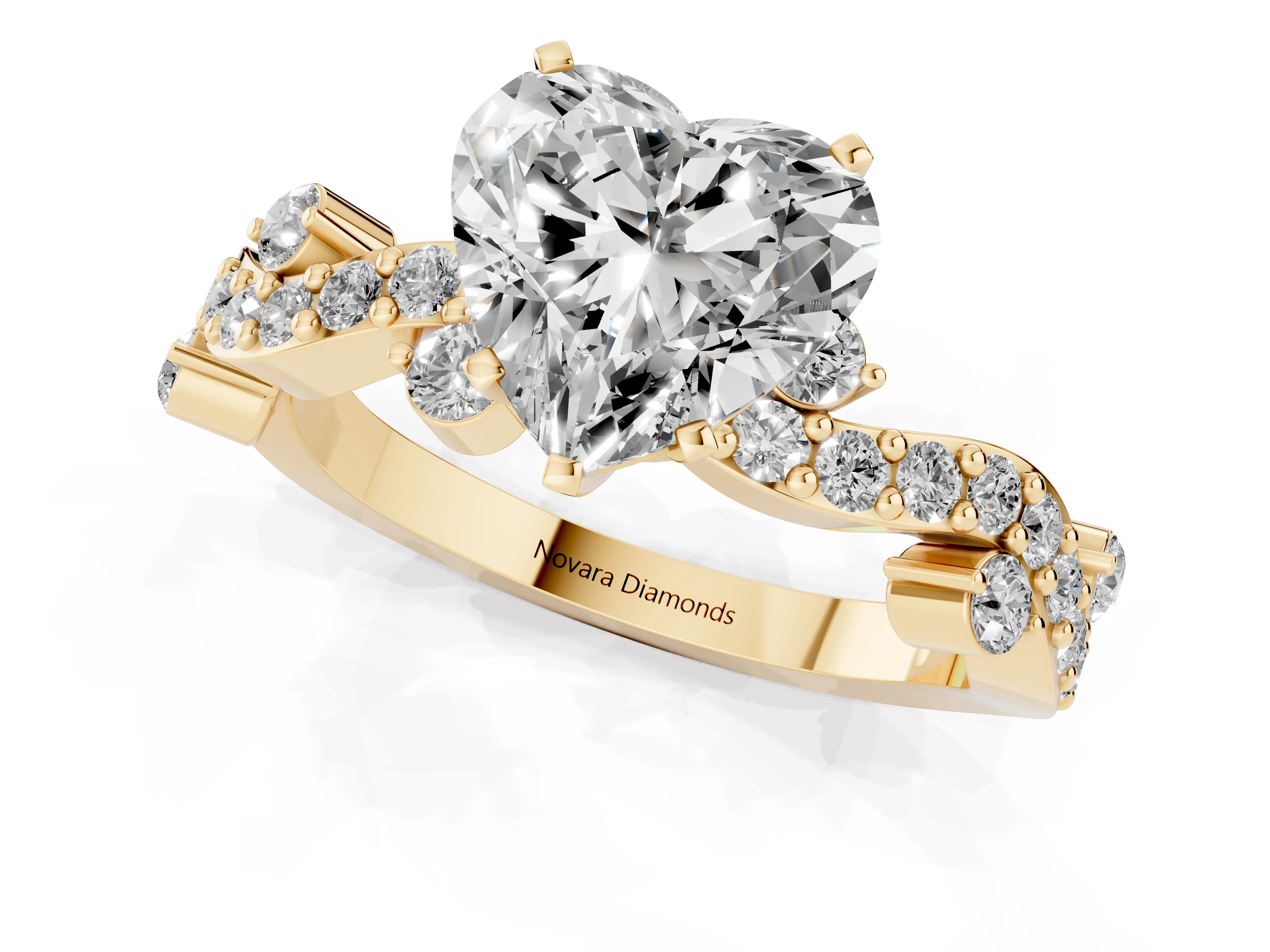 Heart Cut Diamond Solitaire Twisted Band Set in Yellow gold with Pavé Setting