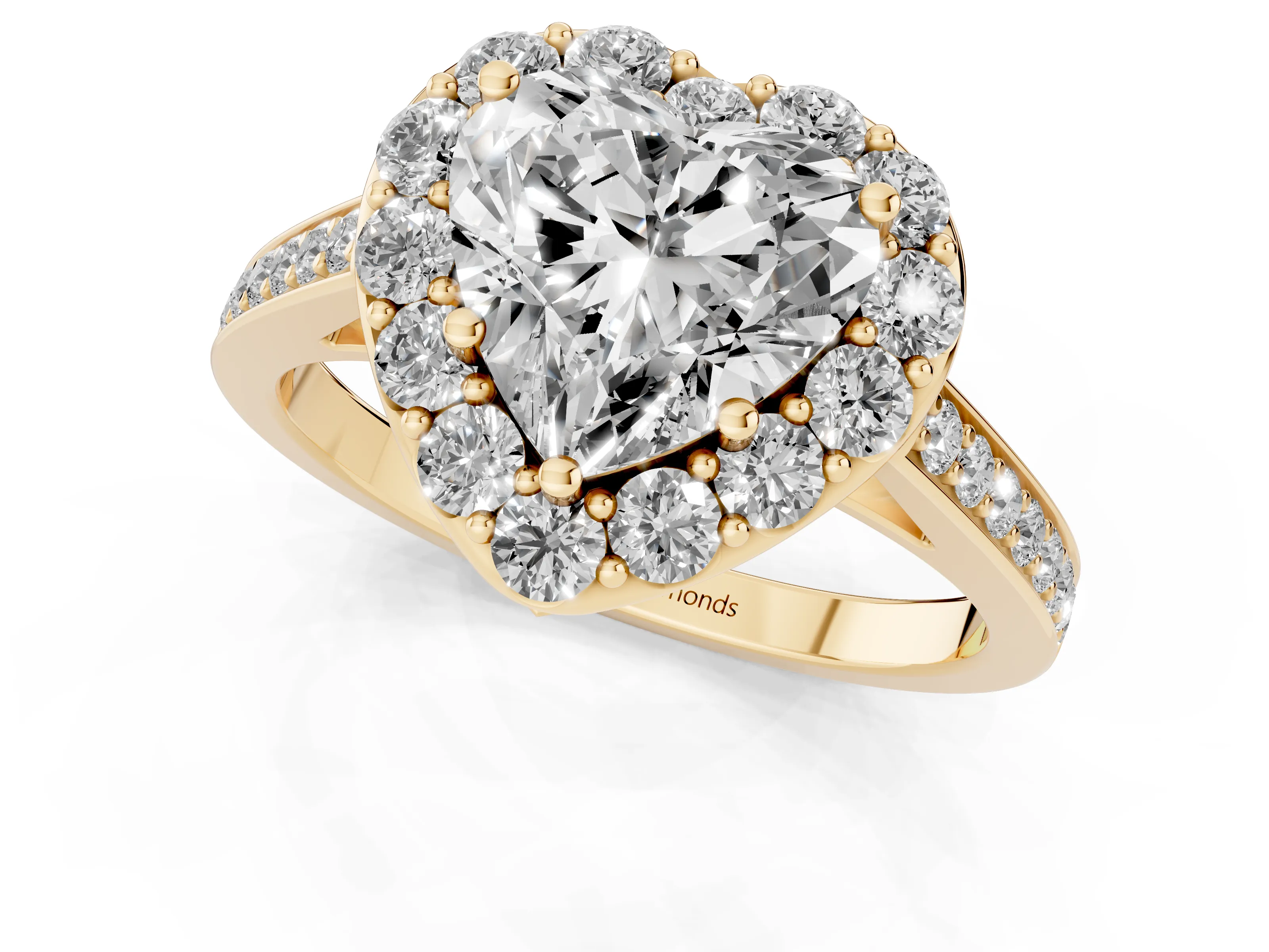 Heart Cut Diamond Floral Halo Ring Set in Yellow gold with Pavé Band and Prong Setting
