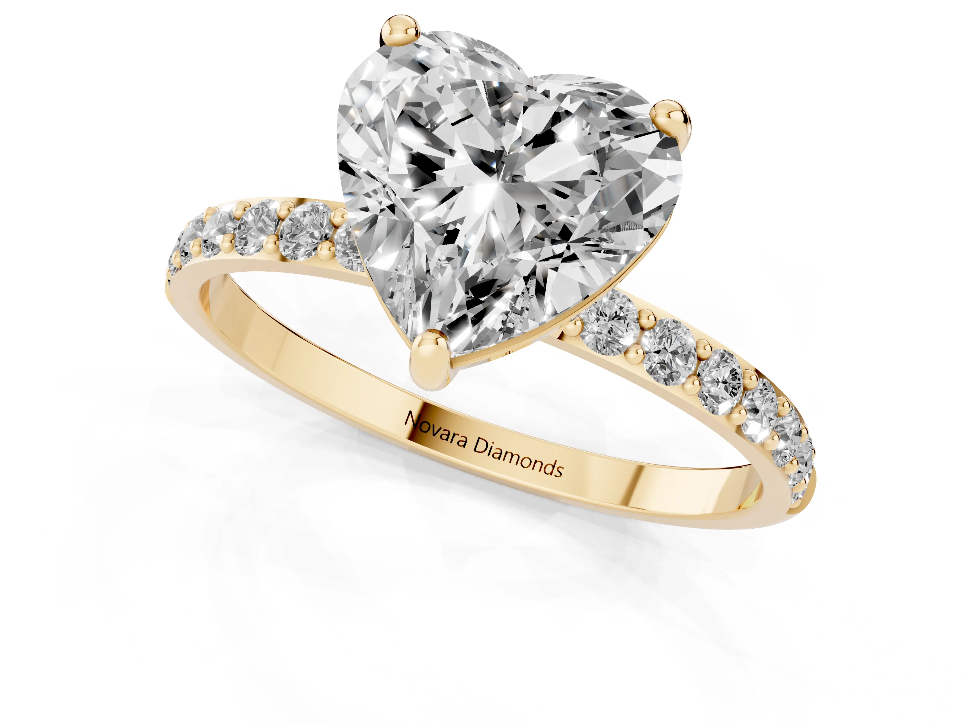 Heart Cut Diamond Solitaire Ring Set in Yellow gold with Round Pavé Band and Prong Setting