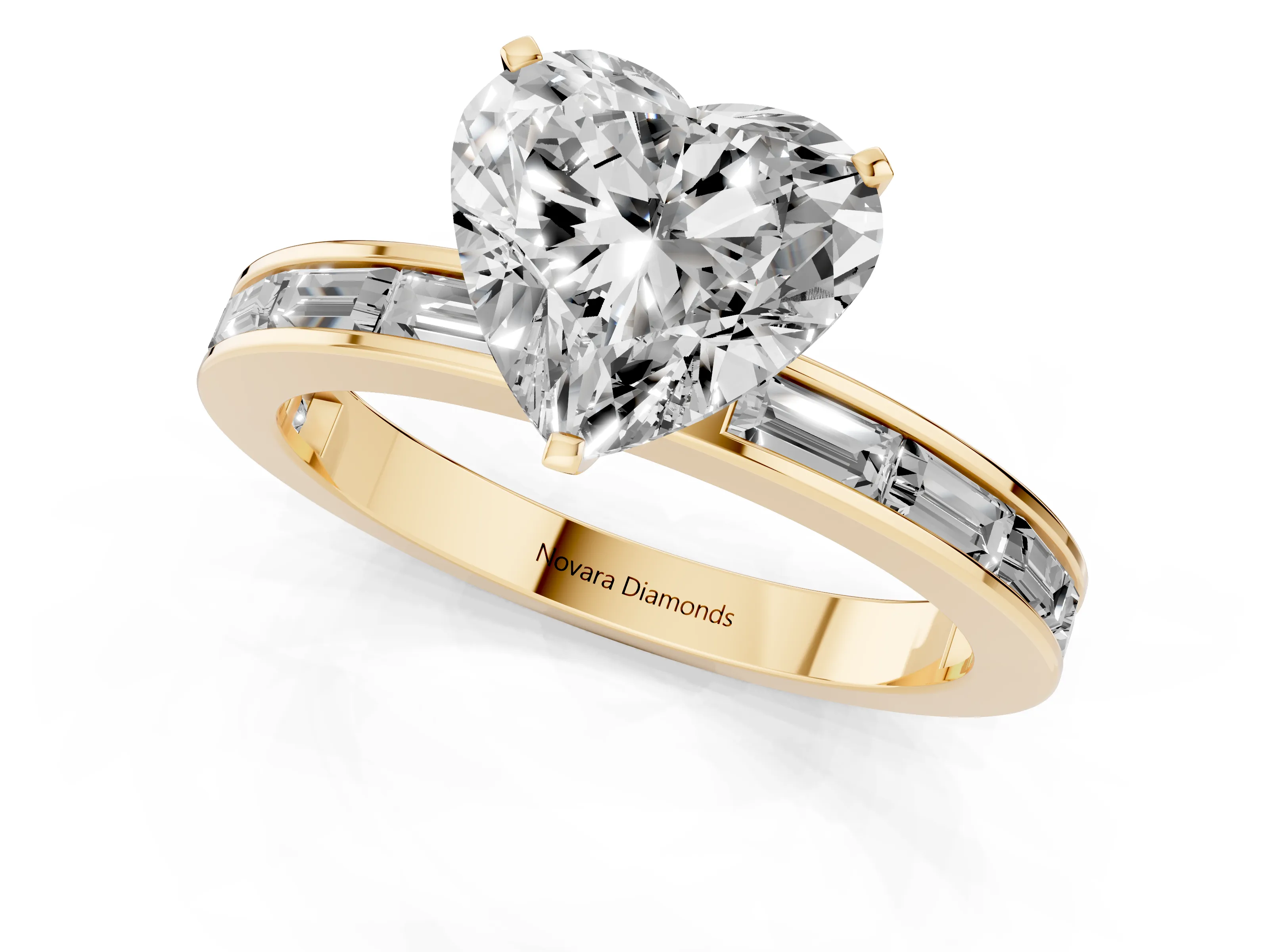 Heart Cut Diamond Solitaire Ring Set in Yellow gold with Channel-Set Baguette Band and Prong Setting