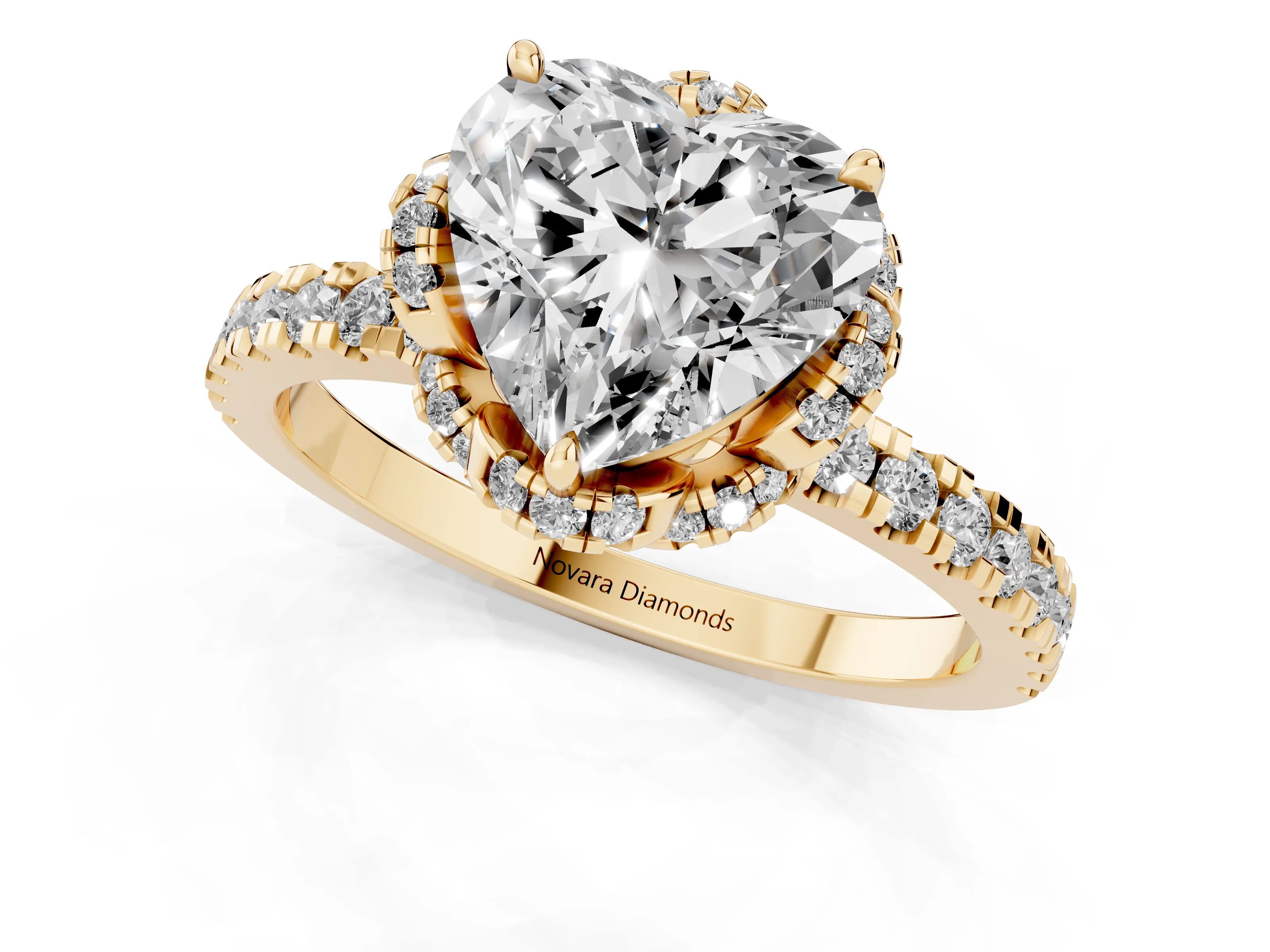 Heart Cut Diamond Halo Pavé Band Ring Set in Yellow gold with Prong-Held Center