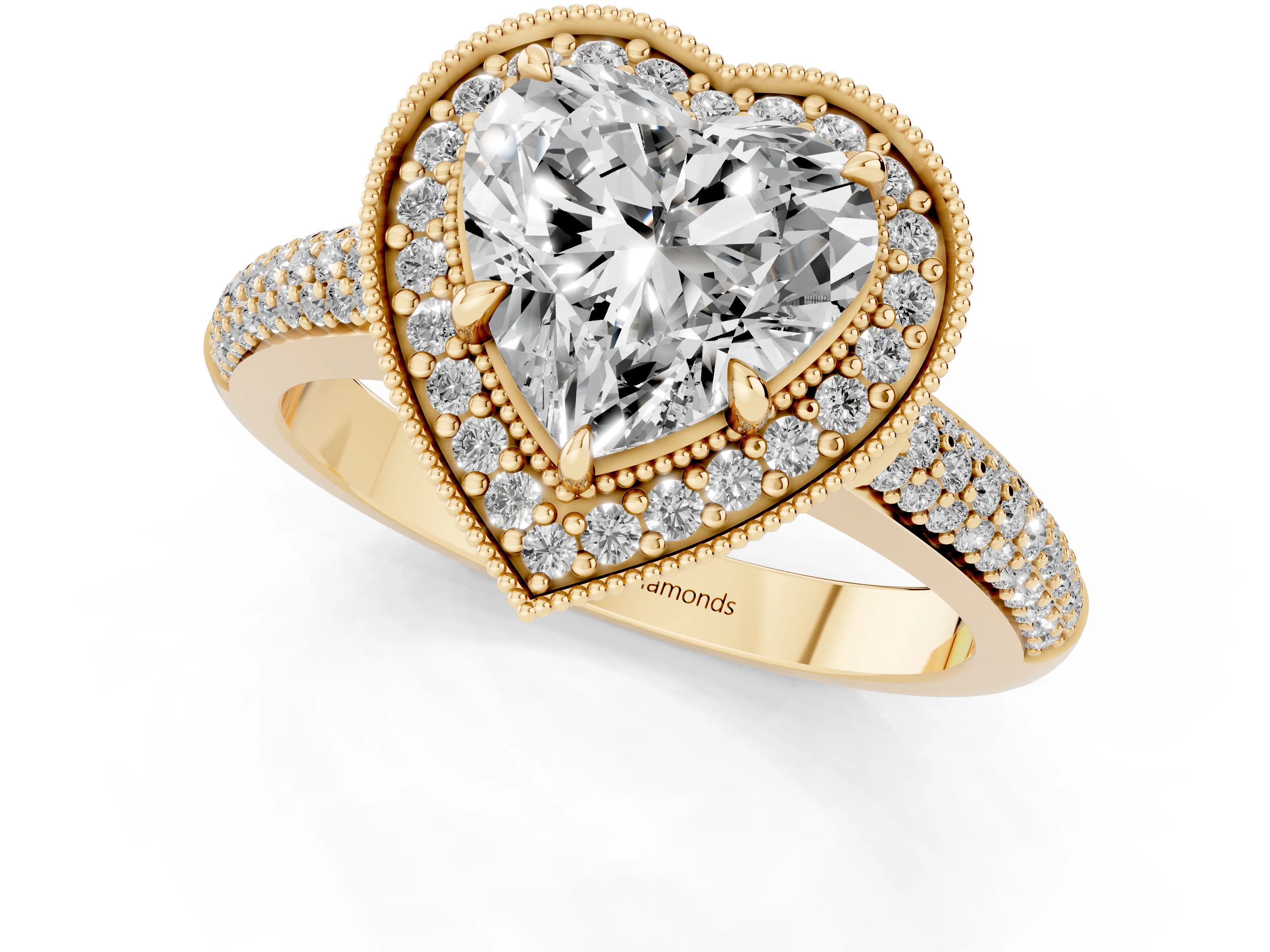 Heart Cut Diamond Halo Pavé Band Set in Yellow gold with Prong Setting