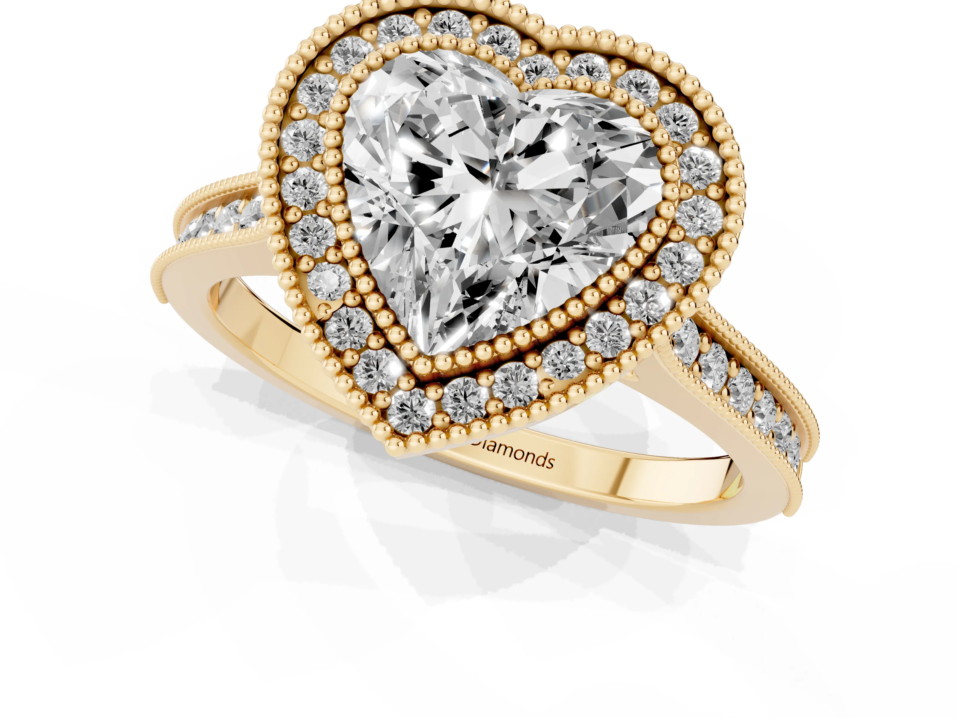 Heart Cut Diamond Halo Milgrain Pavé Band Ring Set in Yellow gold with Prong Setting