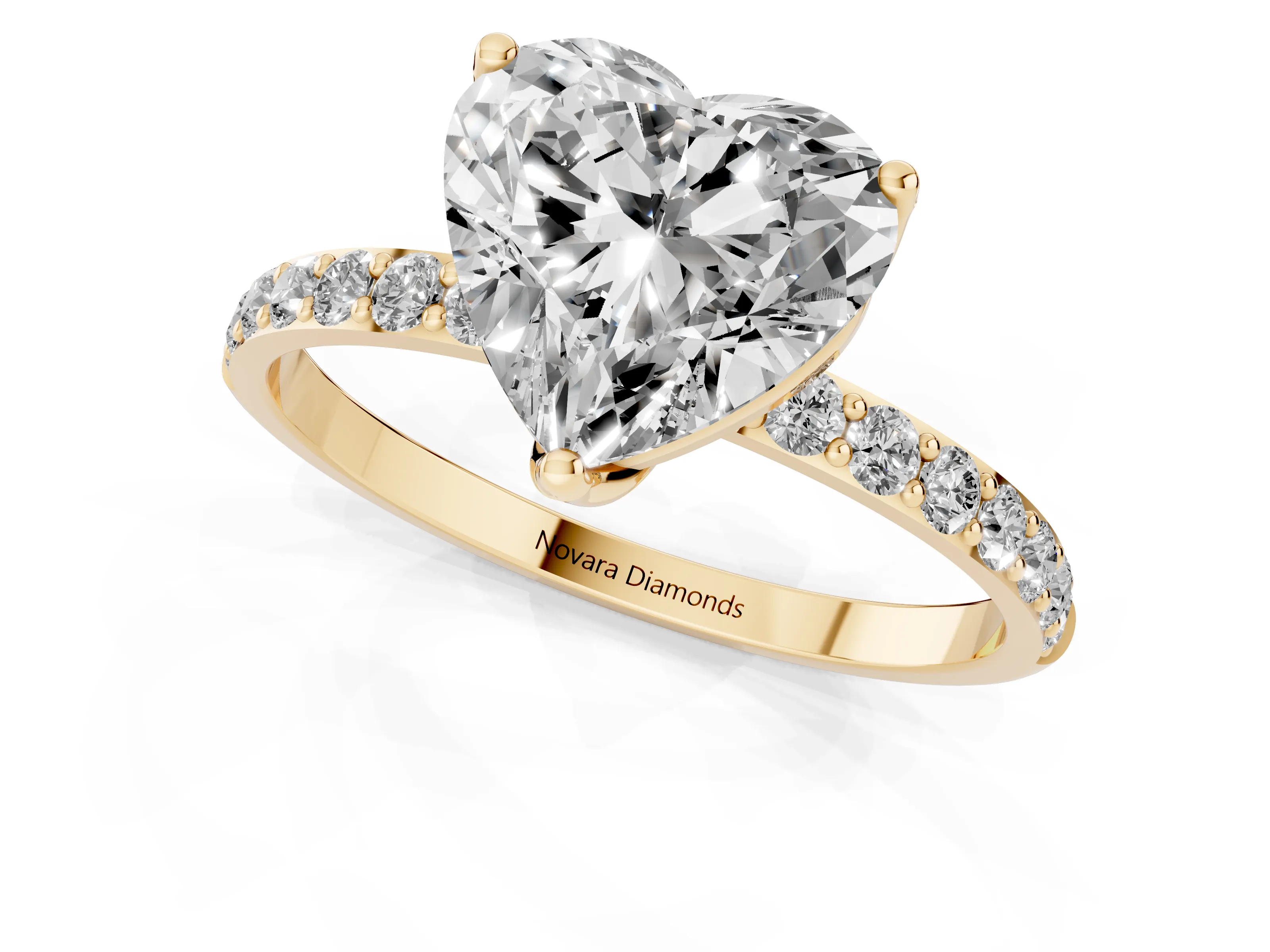 Heart Cut Diamond Solitaire Engagement Ring Set in Yellow gold with Round Pavé Band and Prong Setting