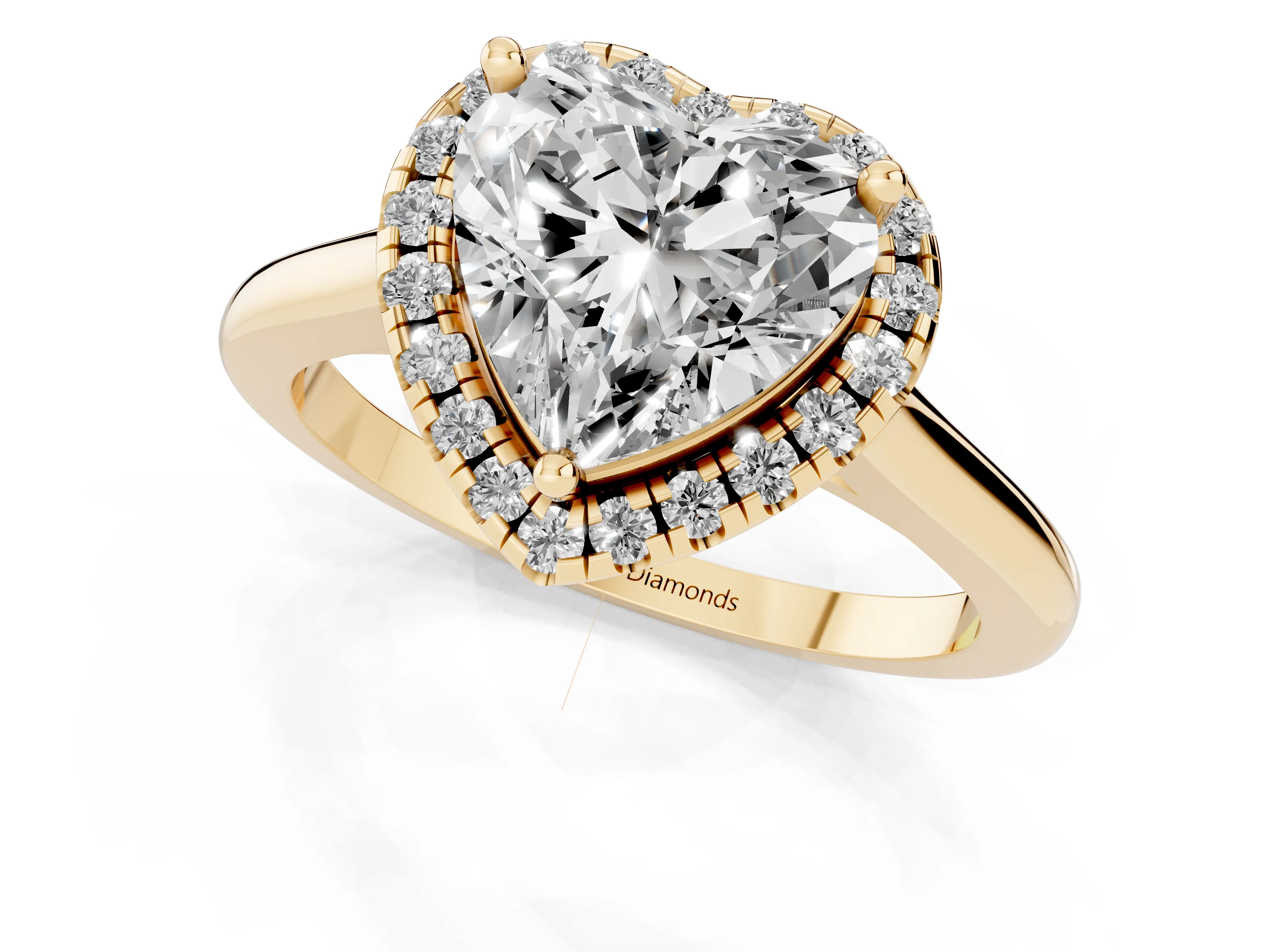 Heart Cut Diamond Halo Engagement Ring Set in Yellow gold with Pavé Band and Rising Shoulders