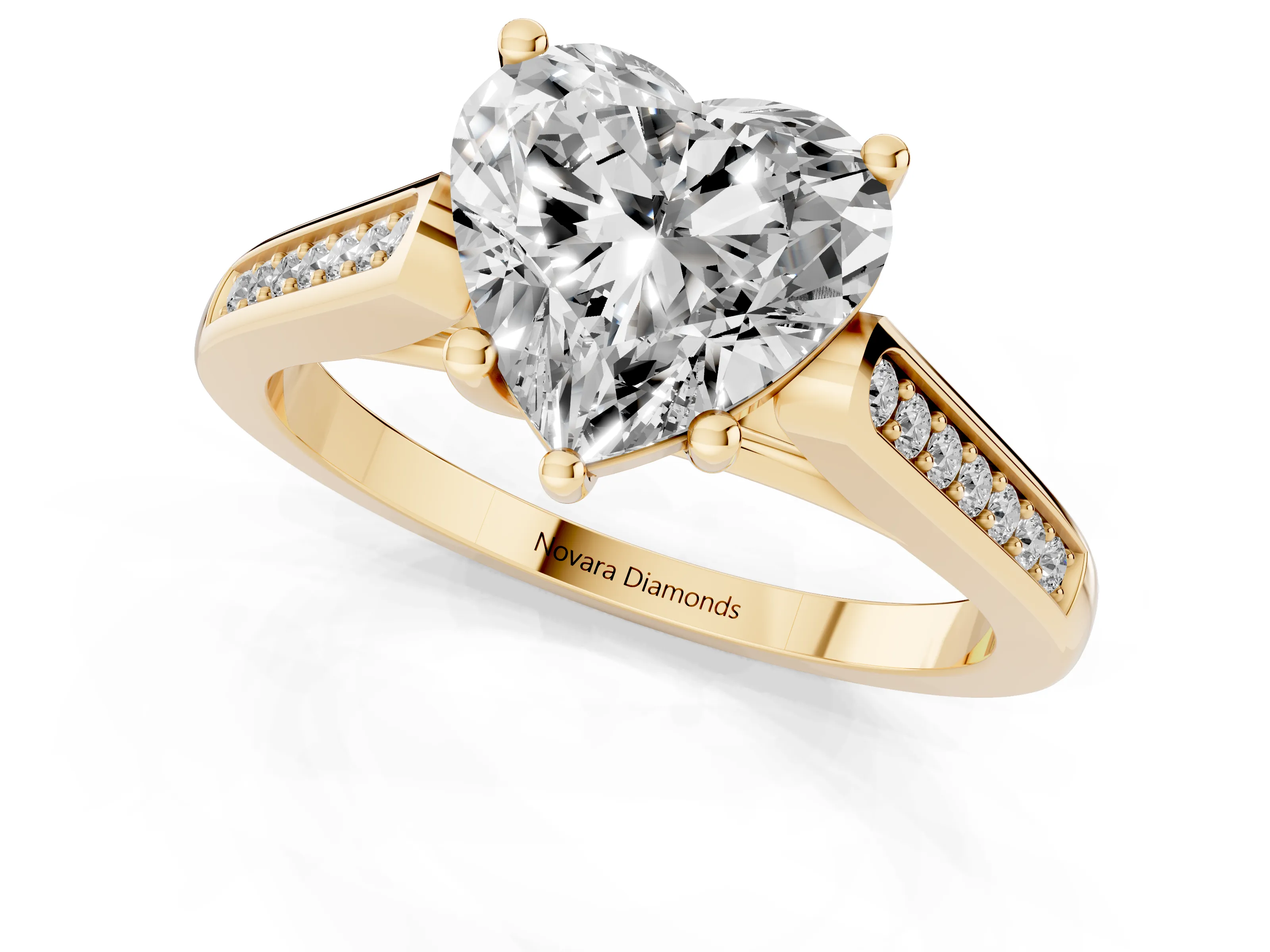 Heart Cut Diamond Solitaire Cathedral Engagement Ring Set in Yellow gold with Channel-Set Band and Prong Setting