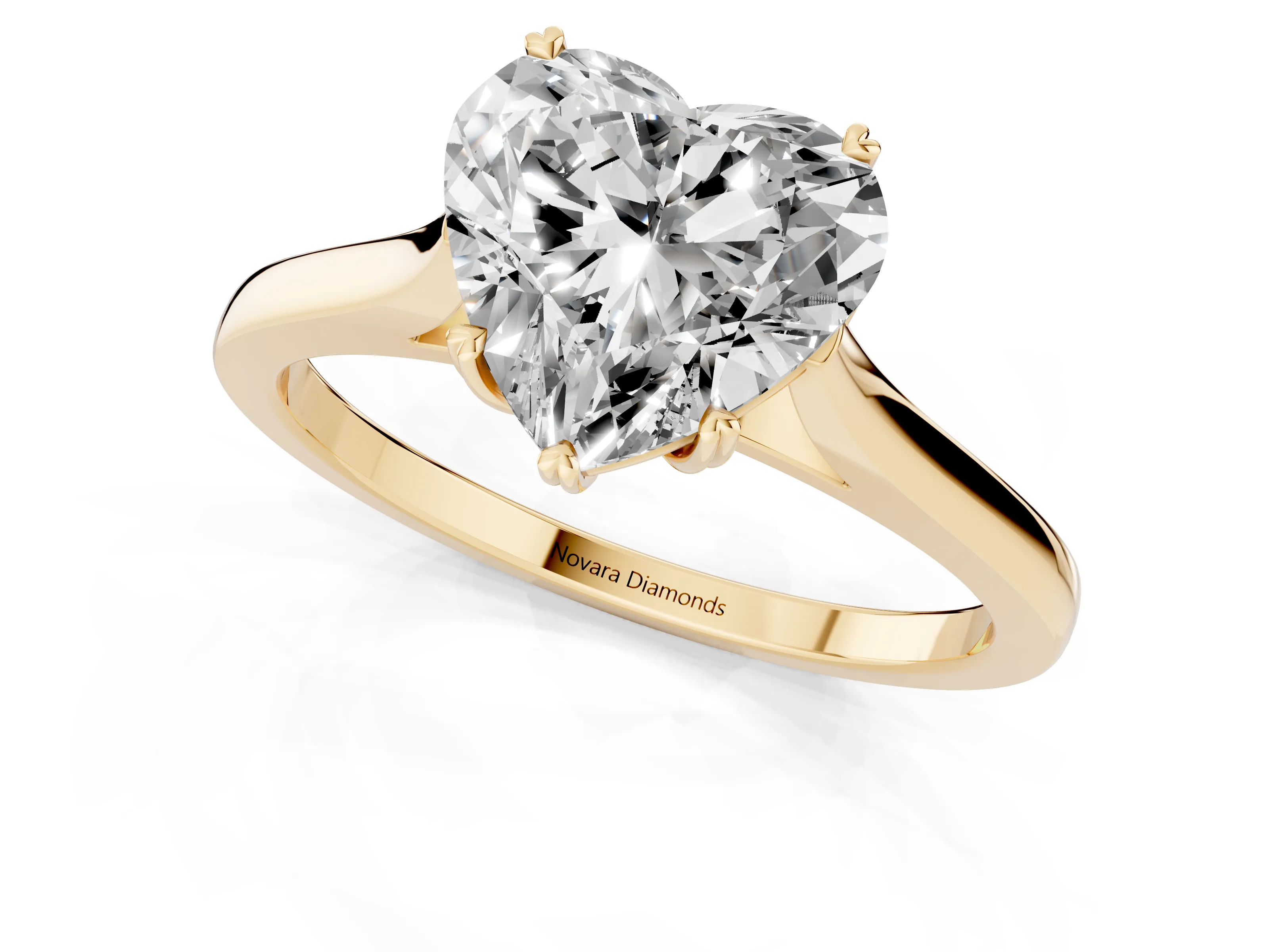 Heart Cut Diamond Solitaire Heart Prong Engagement Ring Set in Yellow gold with Tapered Band