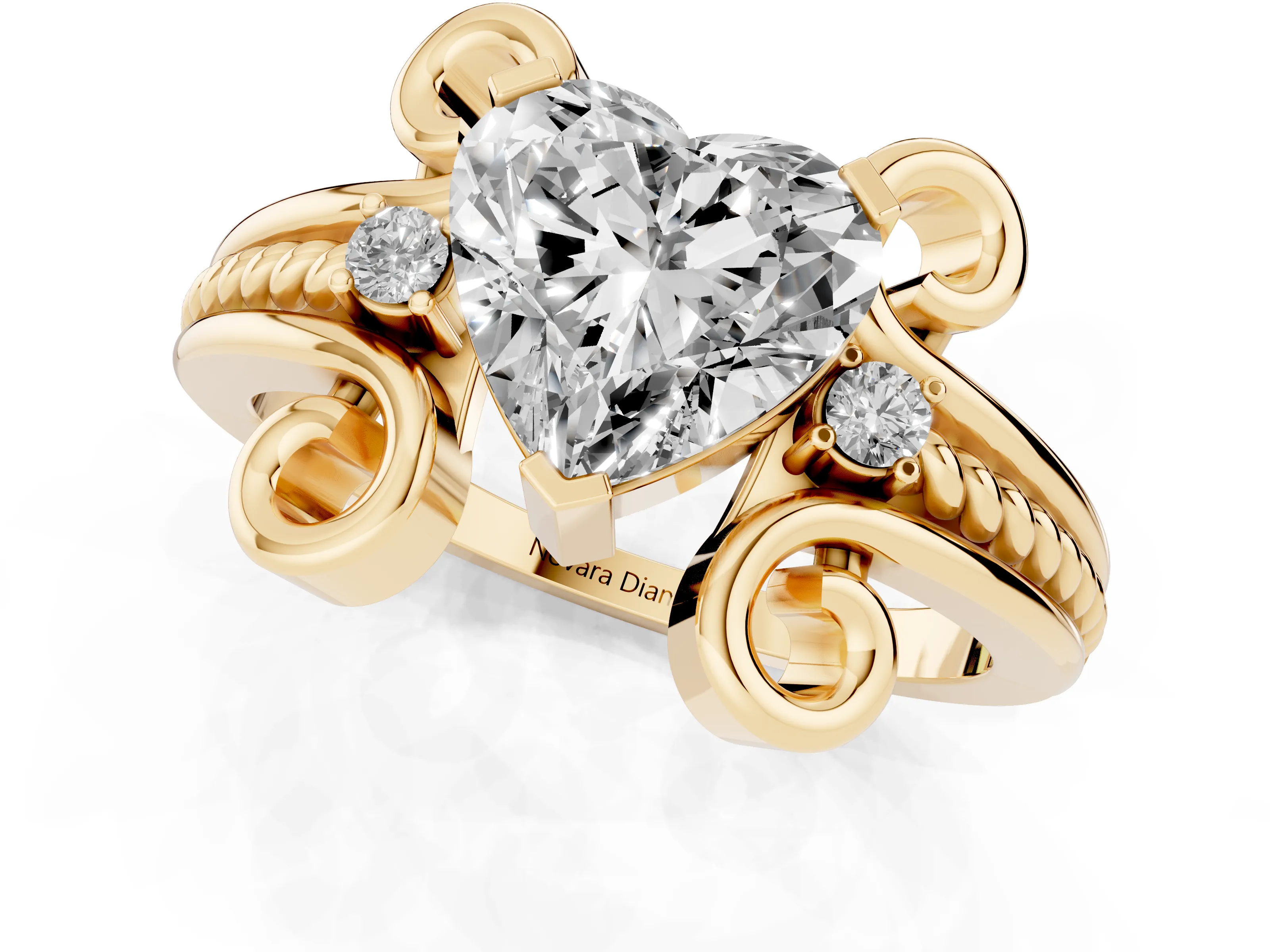 Heart Cut Diamond Twisted Band Solitaire Ring Set in Yellow gold with Scroll Prongs