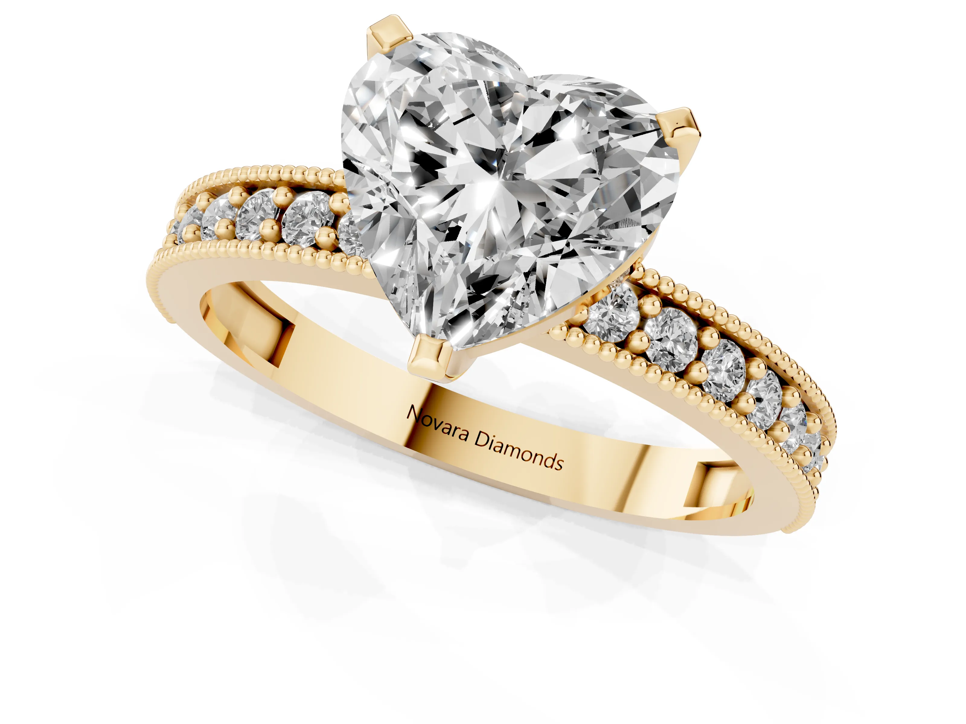 Heart Cut Diamond Milgrain Pavé Engagement Ring Set in Yellow gold with Prong Setting