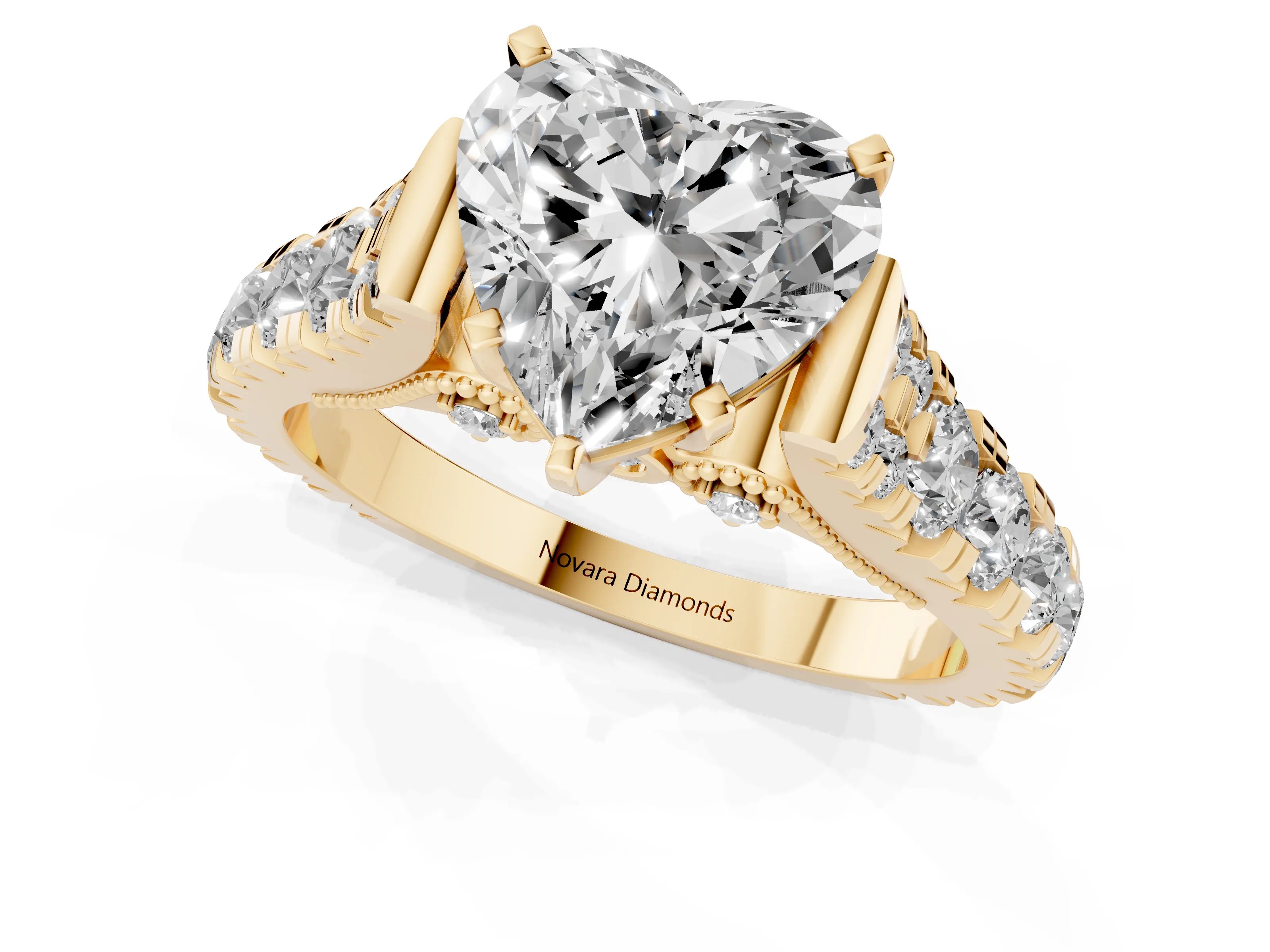 Heart Cut Diamond Classic Solitaire Ring Set in Yellow gold with Pavé Band and Prong Setting