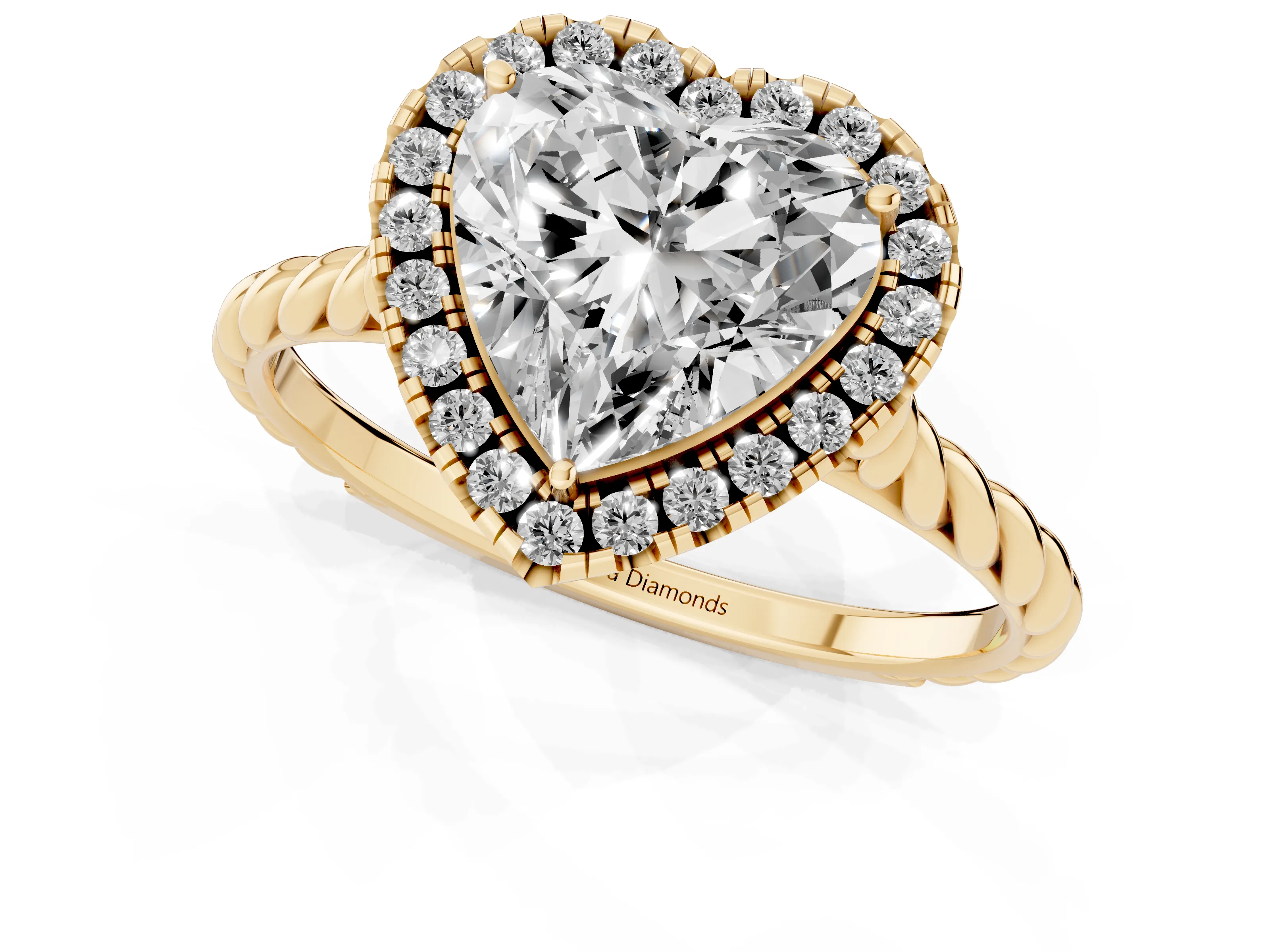 Heart Cut Diamond Halo Ring Set in Yellow gold with Plain Twisted Band