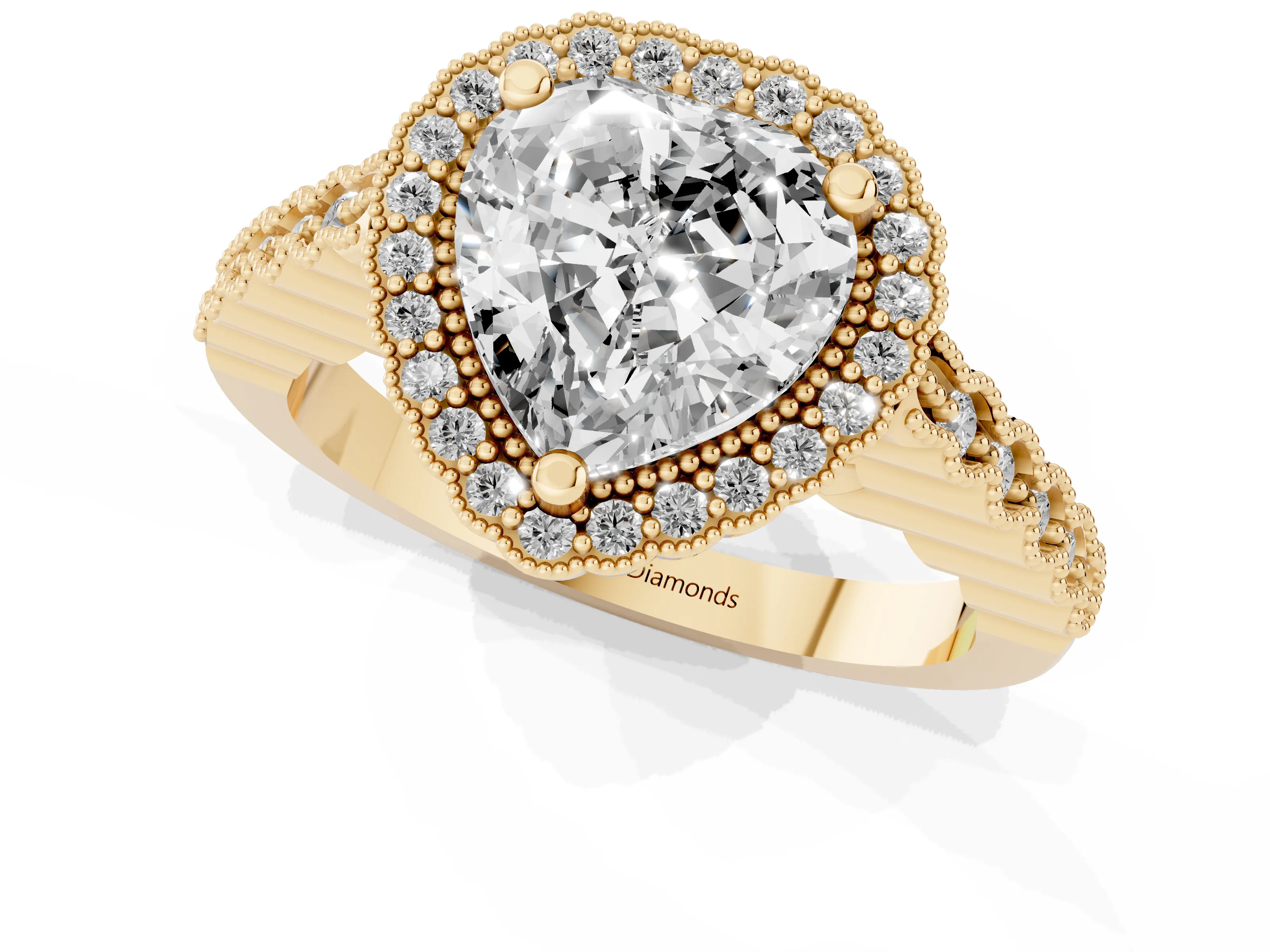 Heart Cut Diamond Halo Ring Set in Yellow gold with Pavé Milgrain Band