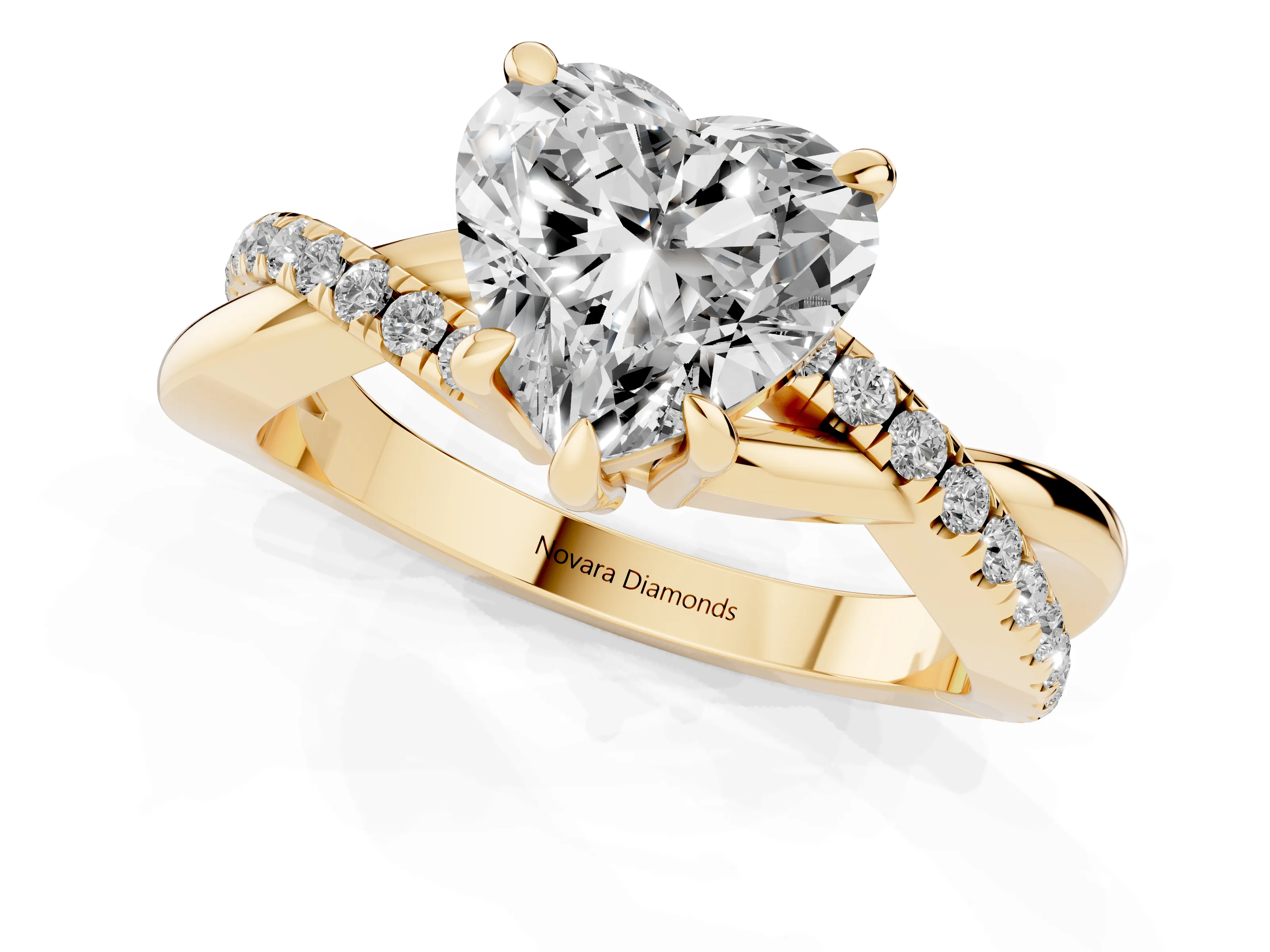 Heart Cut Diamond Twist Band Solitaire Set in Yellow gold with Pavé Accents and Prong Setting