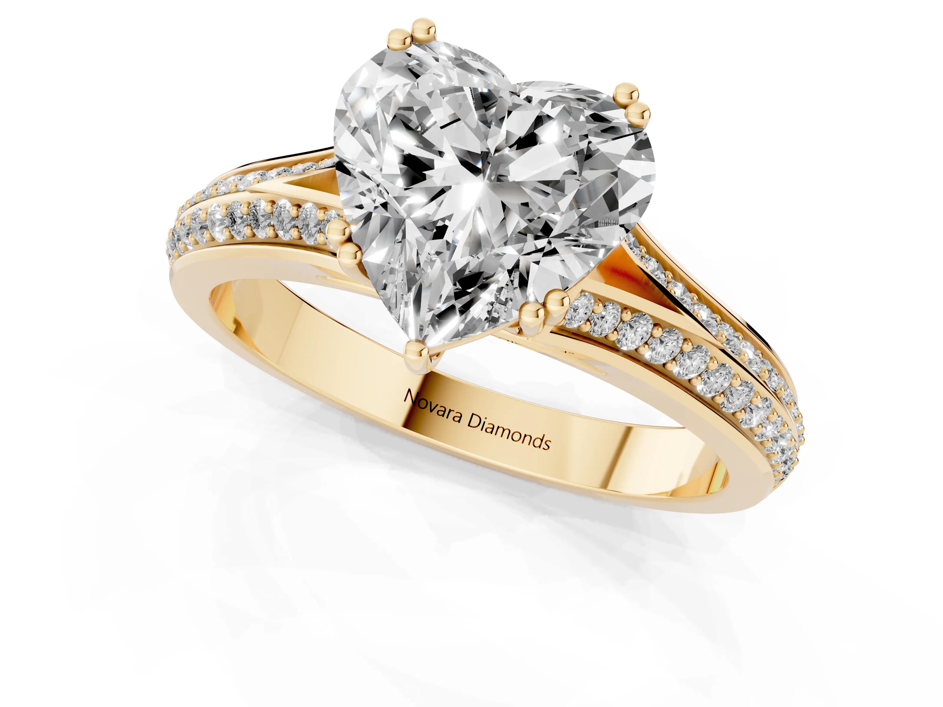Heart Cut Diamond Split Shank Pavé Engagement Ring Set in Yellow gold with Prong-Set Center Stone