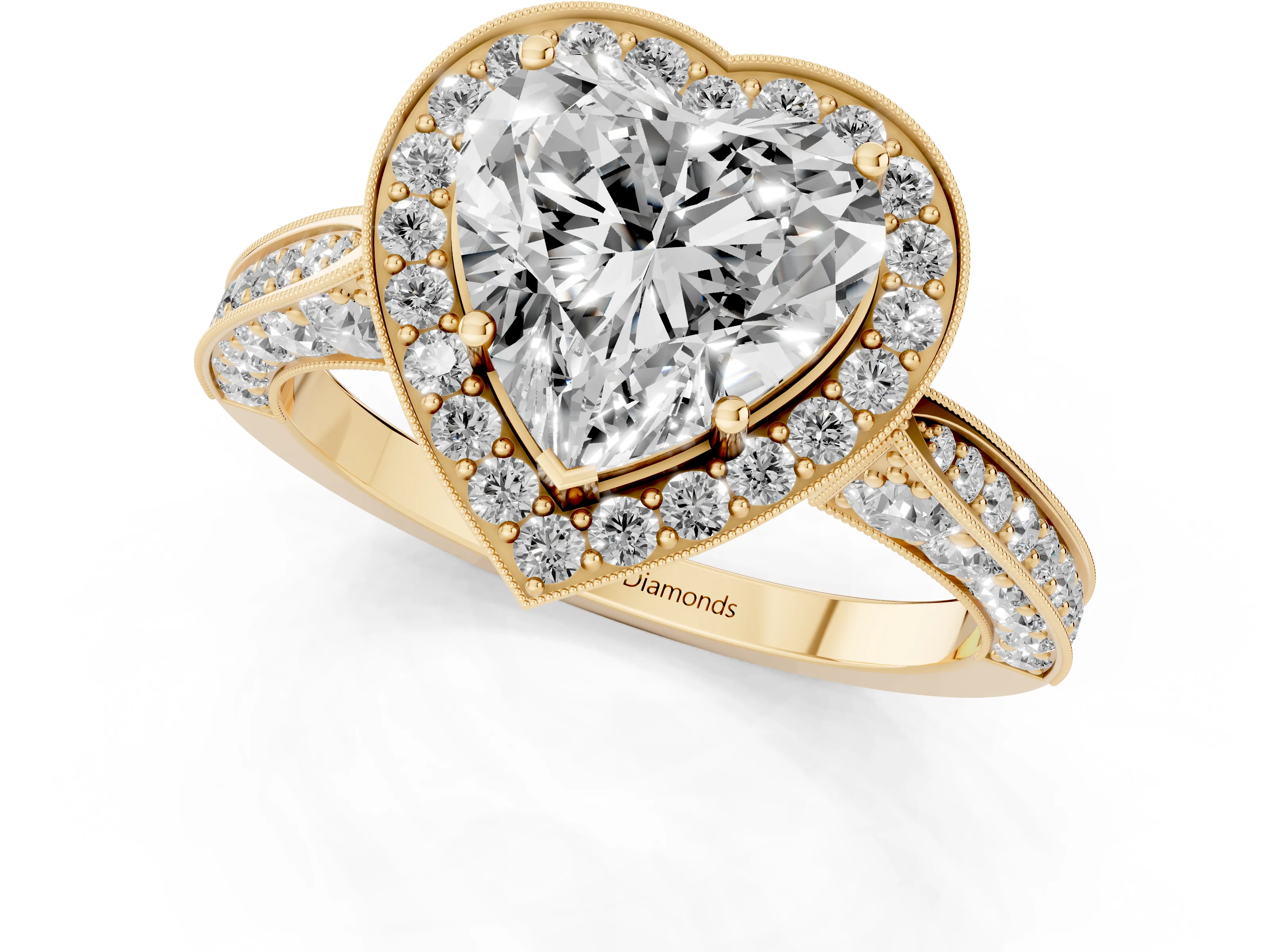 Heart Cut Diamond Halo Engagement Ring Set in Yellow gold with Accent Split Shank Band