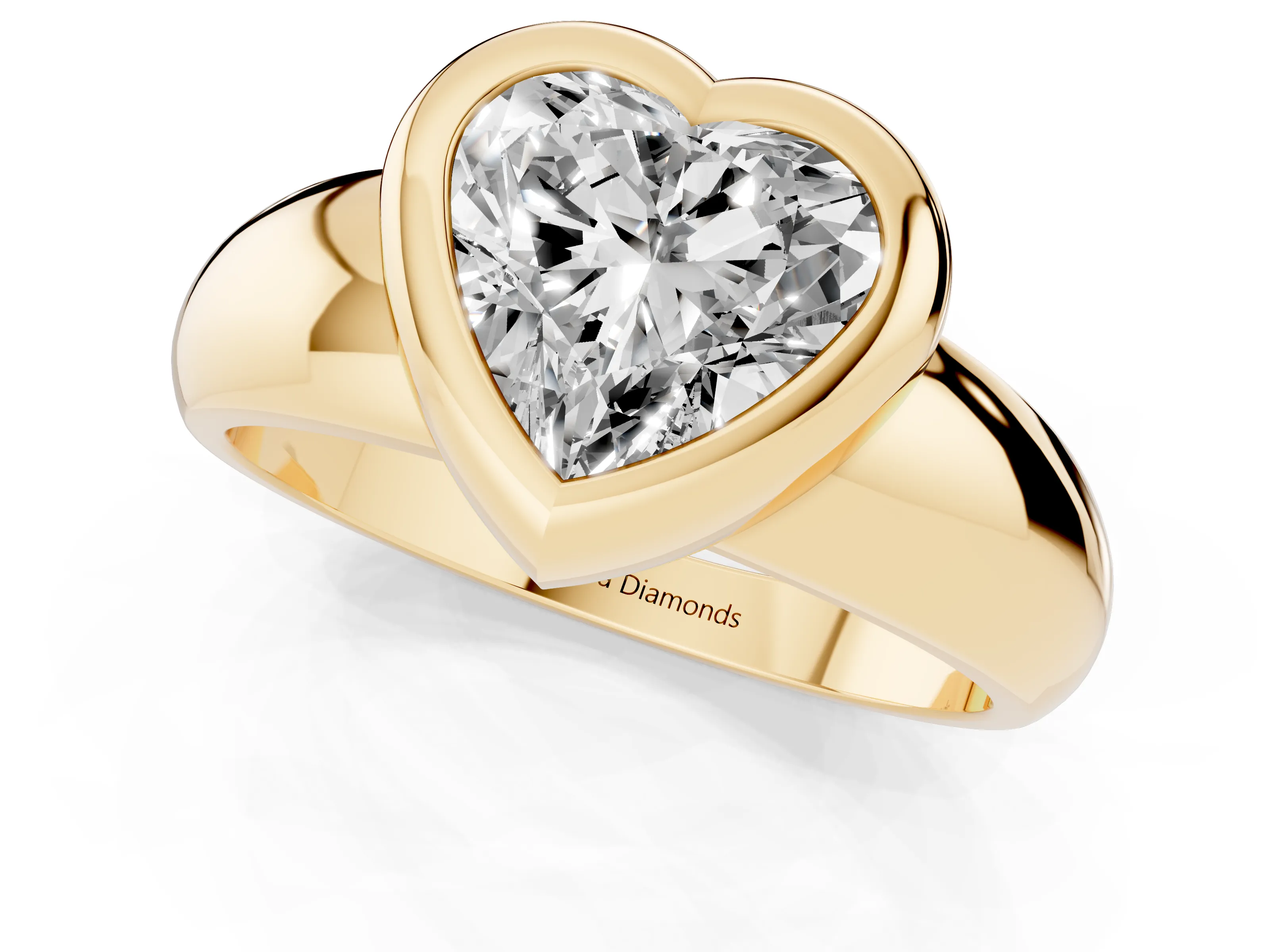 Bezel Set Heart Cut Diamond Solitaire Ring Set in Yellow gold with Wide Band