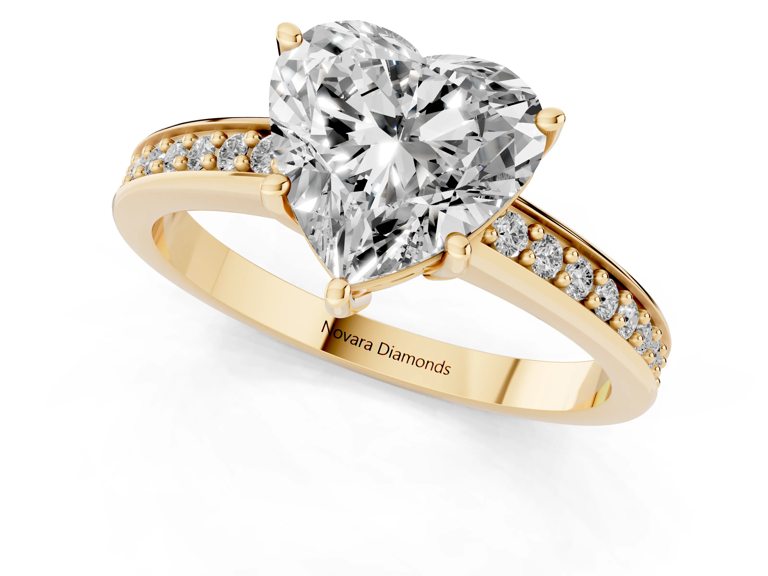 Heart Cut Diamond Pavé Band Prong Set Solitaire Ring Set in Yellow gold – second view