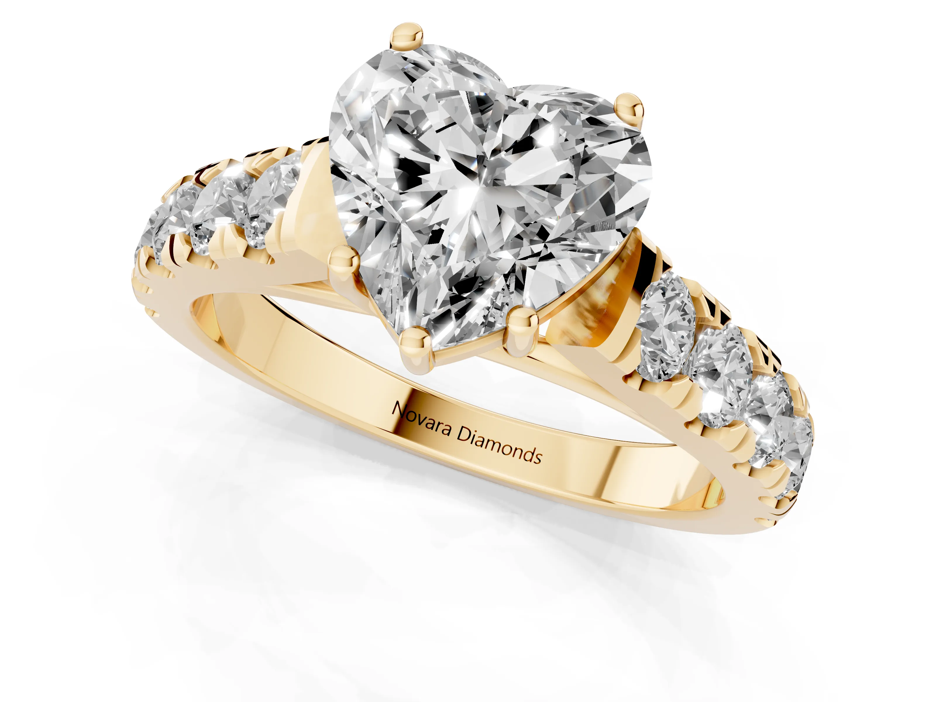 Heart Cut Diamond Solitaire Ring Set in Yellow gold with Cut-Down Micro Pavé Band and Prong Setting