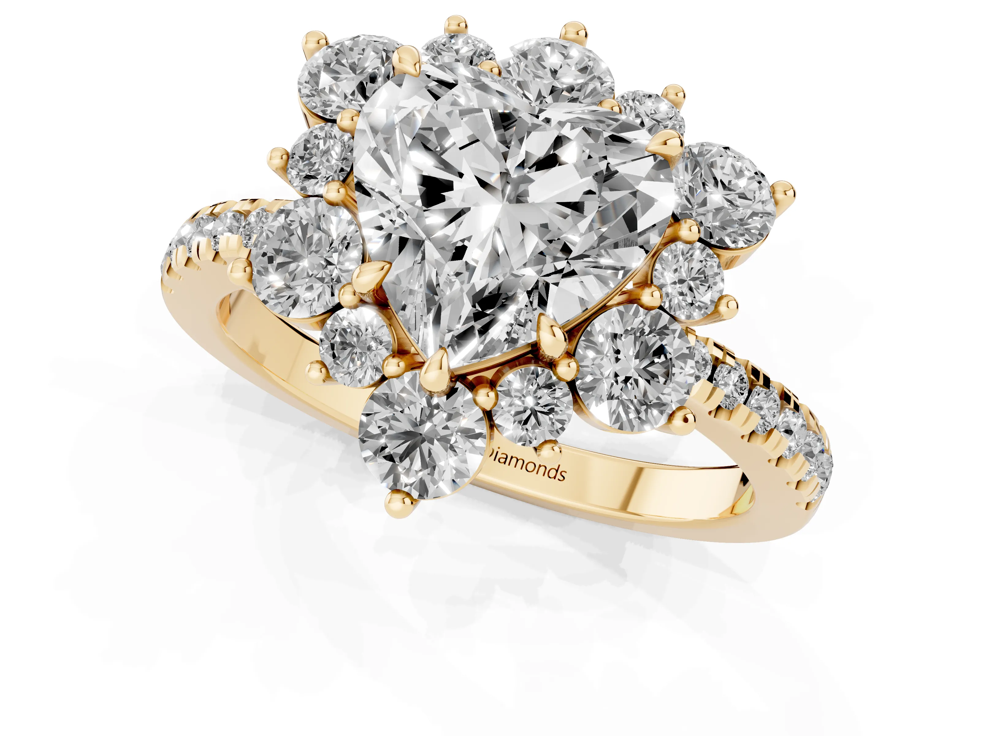 Heart Cut Diamond Floral Halo Ring Set in Yellow gold with Round Pavé Band and Prong Setting