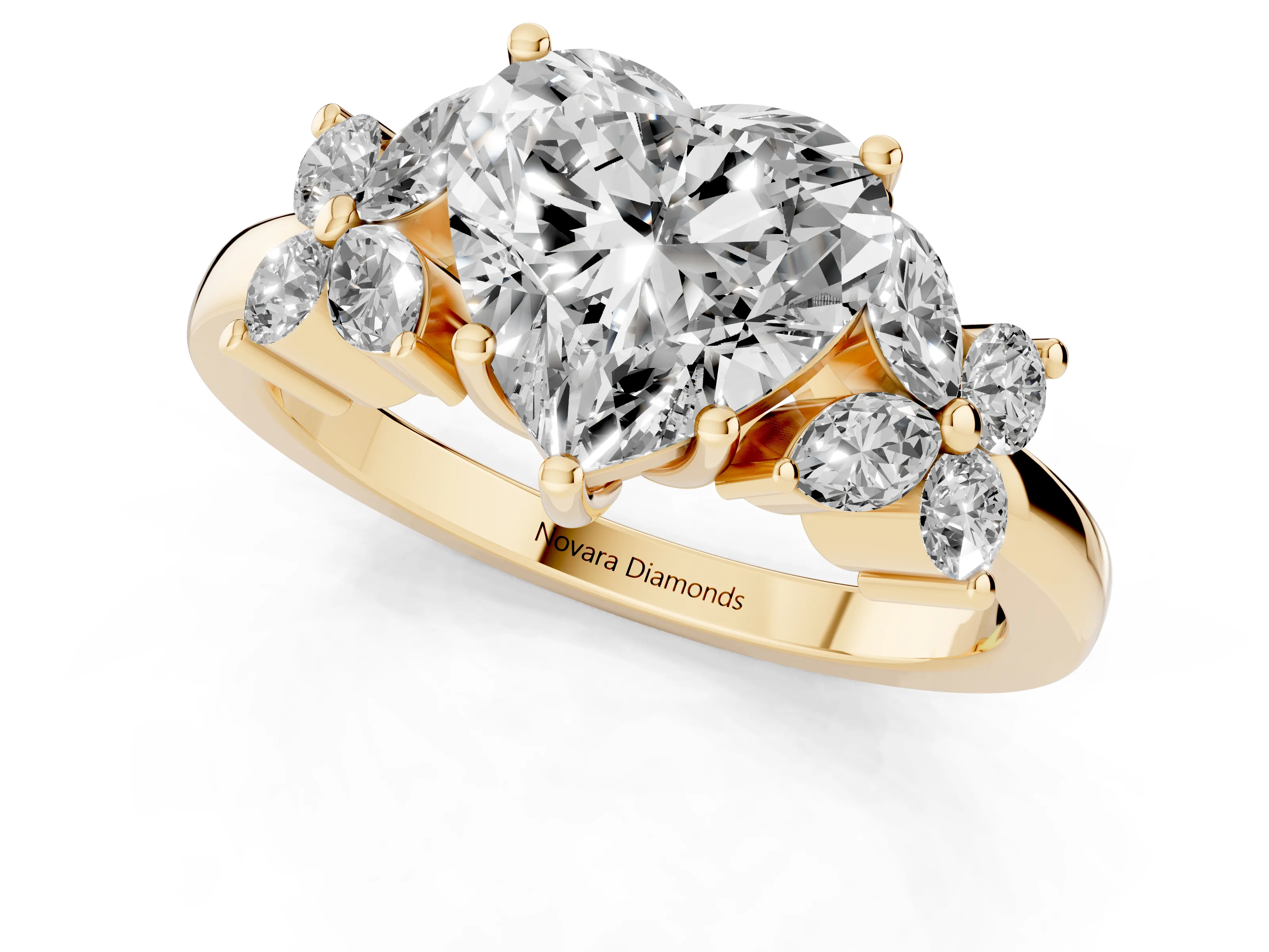 Heart Cut Diamond Floral Cluster Ring Set in Yellow gold with Marquise Petals and Prong Setting